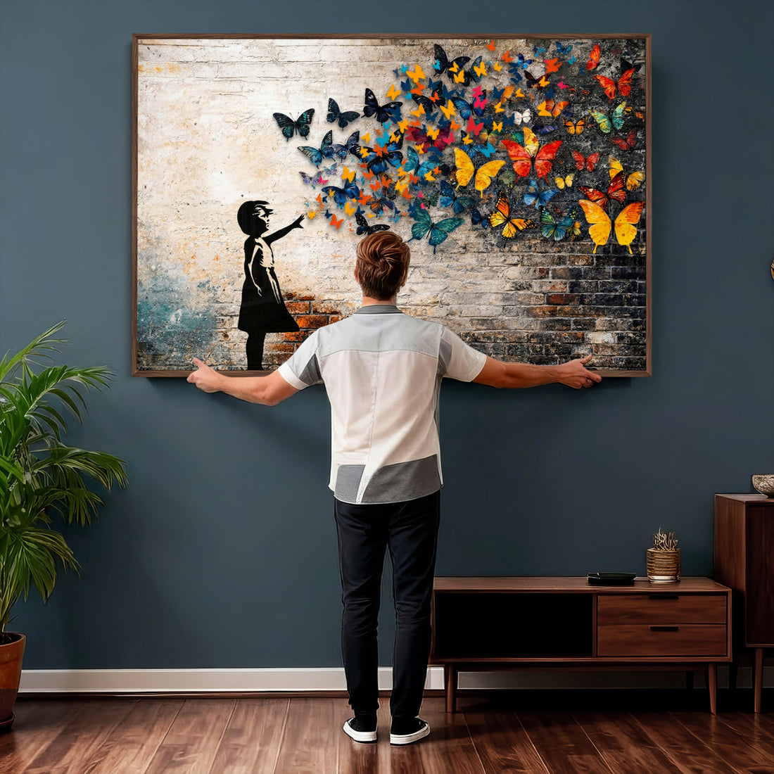 Banksy Graffiti Butterfly Girl Wall Art Canvas Print, Framed