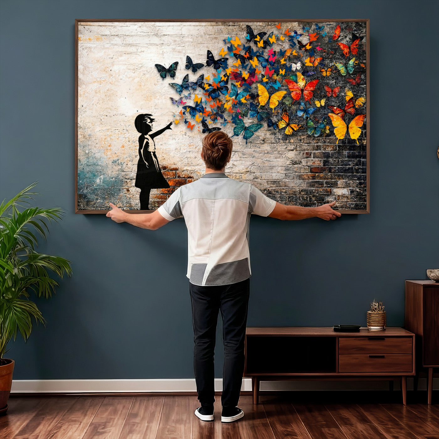 78760384-MGV-CV-36X24 - Banksy Graffiti Butterfly Girl Wall Art Canvas Print, Framed Street Art Canvas Print, Silhouette Butterfly Wall Art for Living Room Bedroom Office