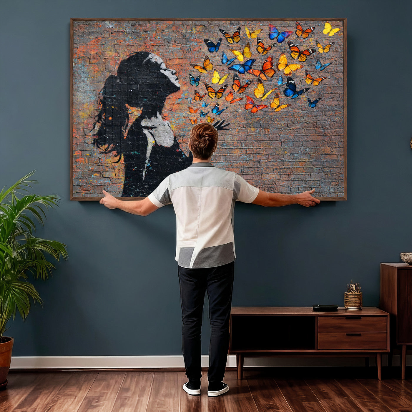 10555939-MGV-CV-36X24 - Urban Banksy Butterfly Girl Wall Art Canvas Print, Framed Street Art Canvas Print, Graffiti Silhouette Butterfly Wall Art for Living Room Bedroom Office
