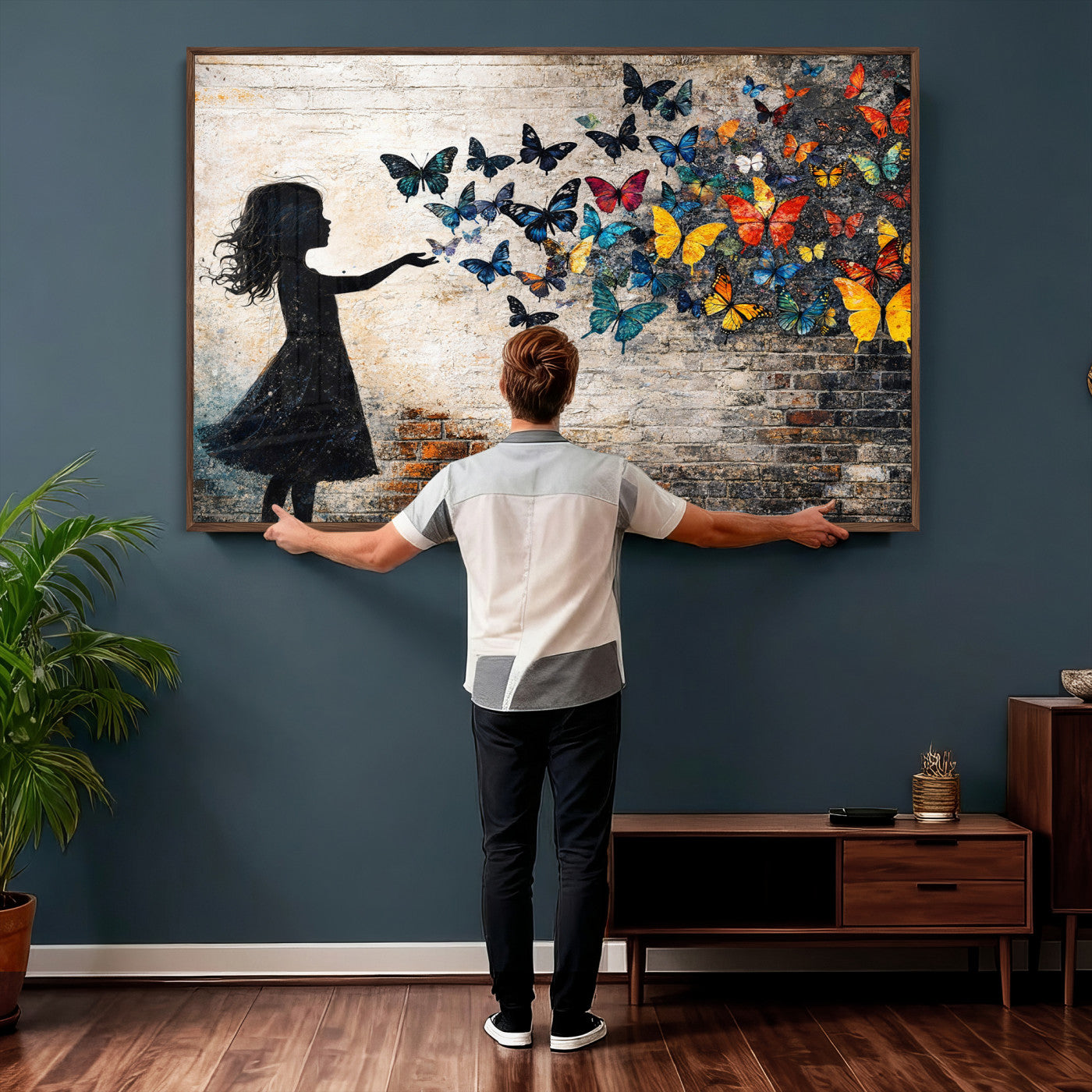70522594-MGV-CV-36X24 - Banksy Butterfly Girl Wall Art Canvas Print, Framed Street Art Canvas Print, Graffiti Silhouette Butterfly Wall Art for Living Room Bedroom Office