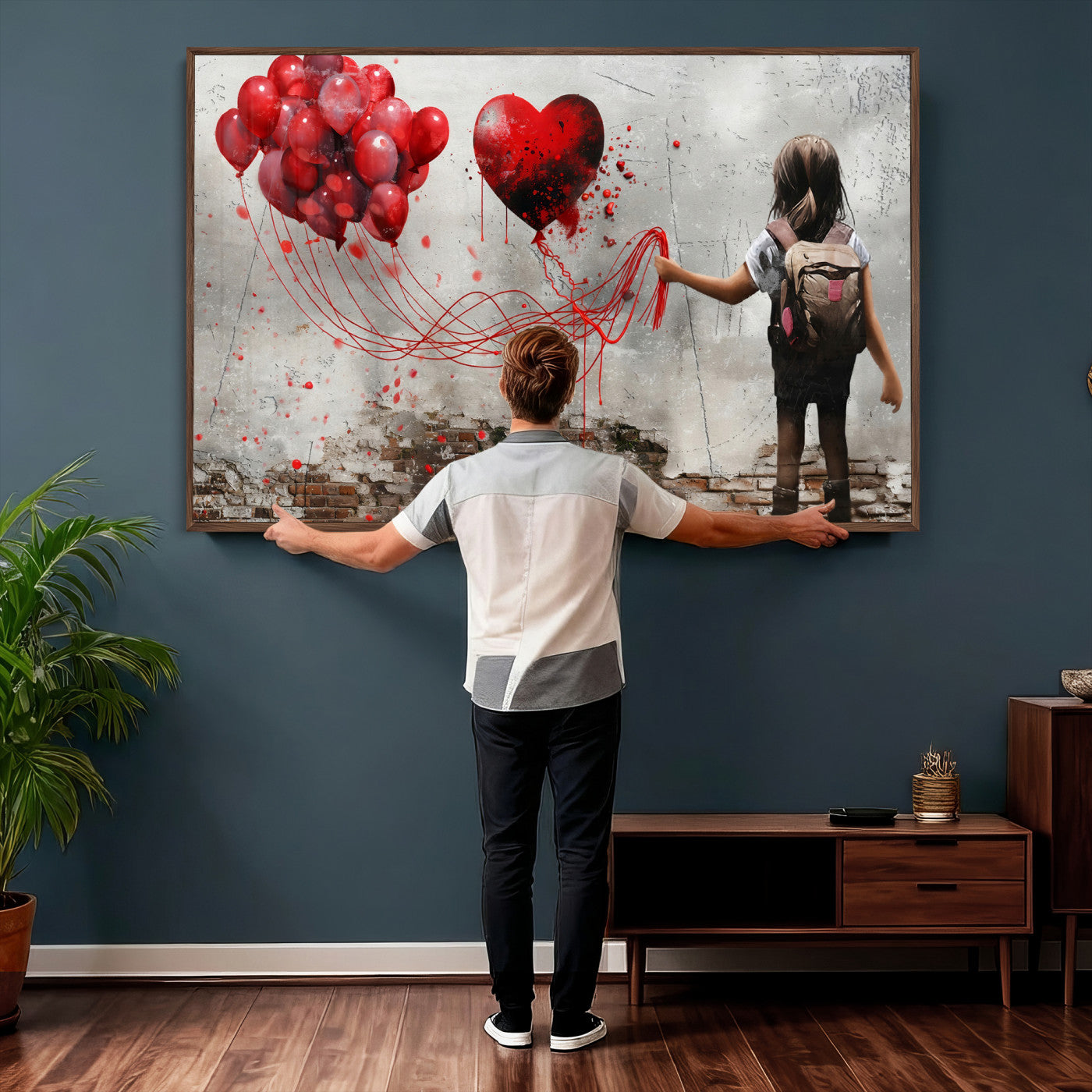 2162830T-MGV-CV-36X24 - Girl Graffiti Wall Art Canvas Print, Red Balloon Heart Street Art, Urban Love Artwork for Living Room Bedroom Hallway Office, Modern Abstract Canvas Wall Decor Home Decor