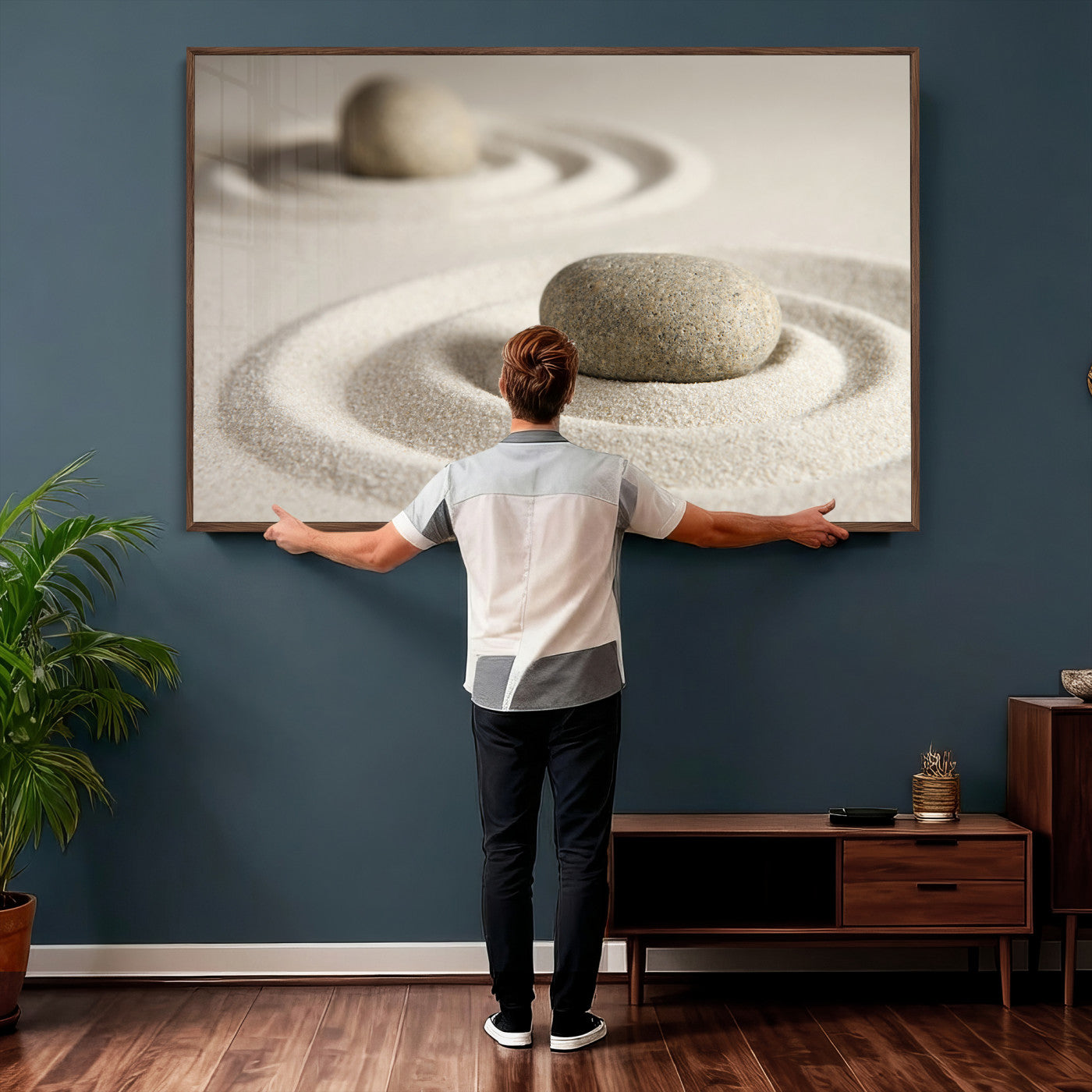 13397966-MGV-CV-36X24 - Zen Garden Stone Sand Canvas | Japanese Rock Garden Wall Art | Minimalist Meditation Print | Neutral Beige Mindfulness Decor