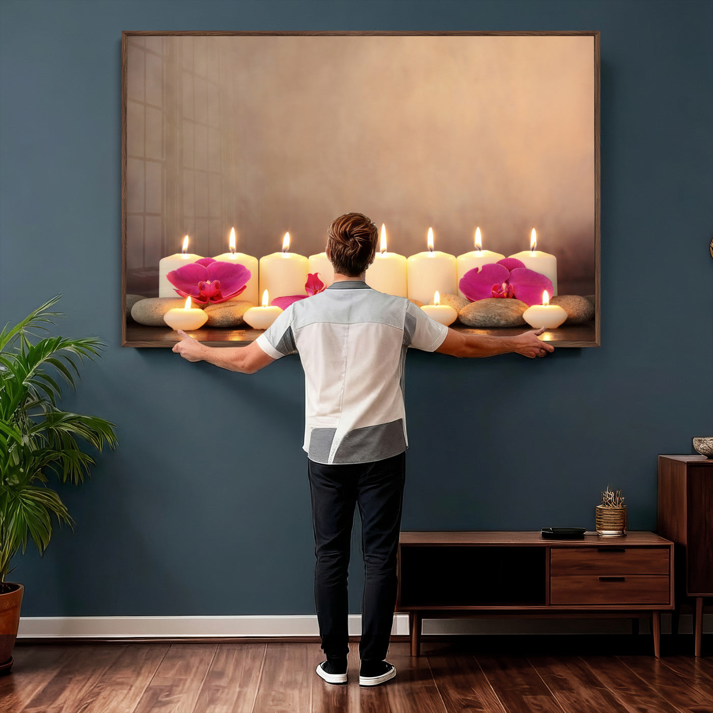 59470569-MGV-CV-36X24 - Spa Candles Orchid Canvas Print | Zen Wellness Relaxation Wall Art | Pink Flower Candlelight Bathroom Decor | Calm Beige Photography