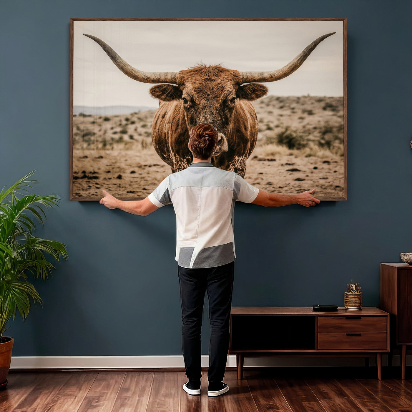 17622011K-MGV-CV-36X24 - Texas Longhorn Bull Wall Art Canvas Print, Western Farmhouse Cowboy Decor, Rustic Texas Ranch Cattle Artwork for Living Room Bedroom Office, Framed Wall Decor