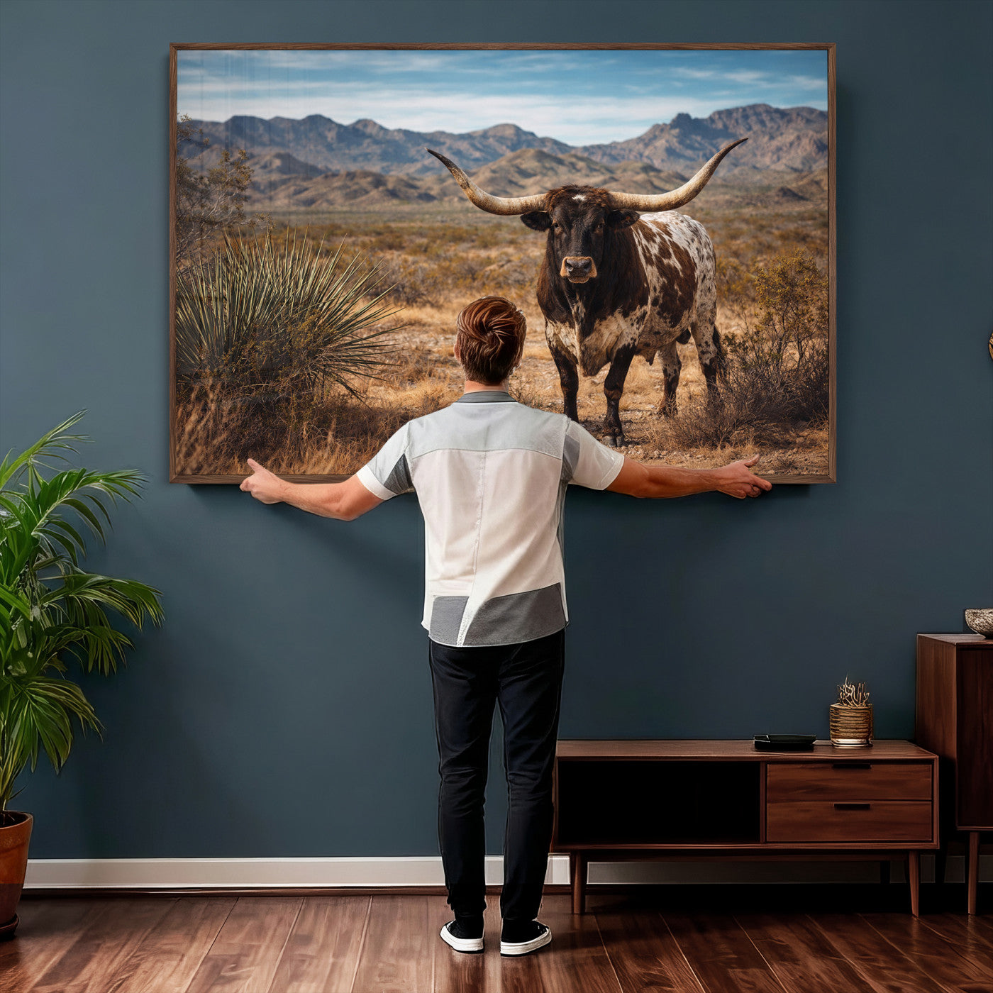17622011S-MGV-CV-36X24 - Texas Longhorn Bull Wall Art Canvas Print, Western Farmhouse Cowboy Decor, Rustic Texas Ranch Cattle Artwork for Living Room Bedroom Office, Framed Wall Decor