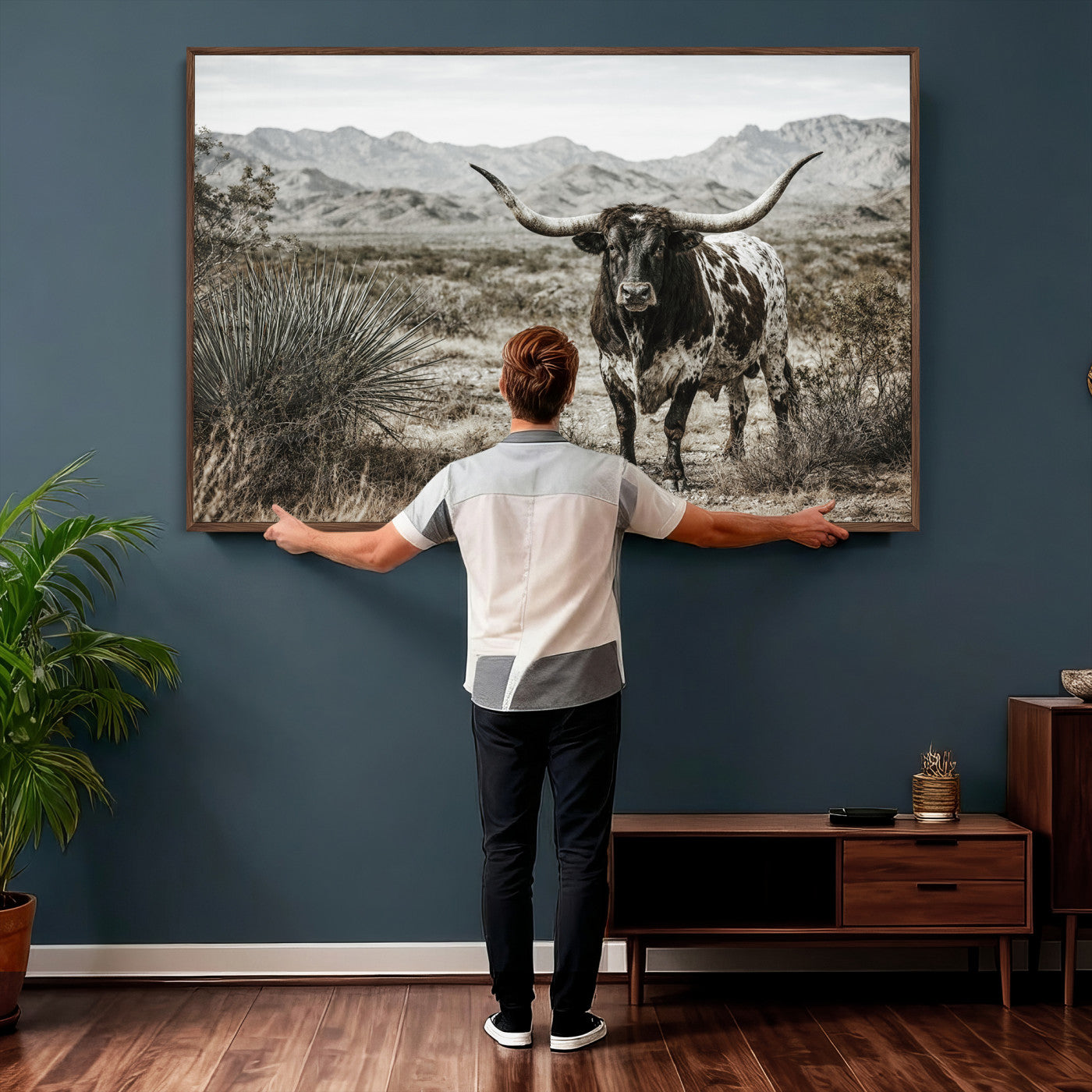 17622011H-MGV-CV-36X24 - Texas Longhorn Bull Wall Art Canvas Print, Western Farmhouse Cowboy Decor, Rustic Texas Ranch Cattle Artwork for Living Room Bedroom Office, Framed Wall Decor