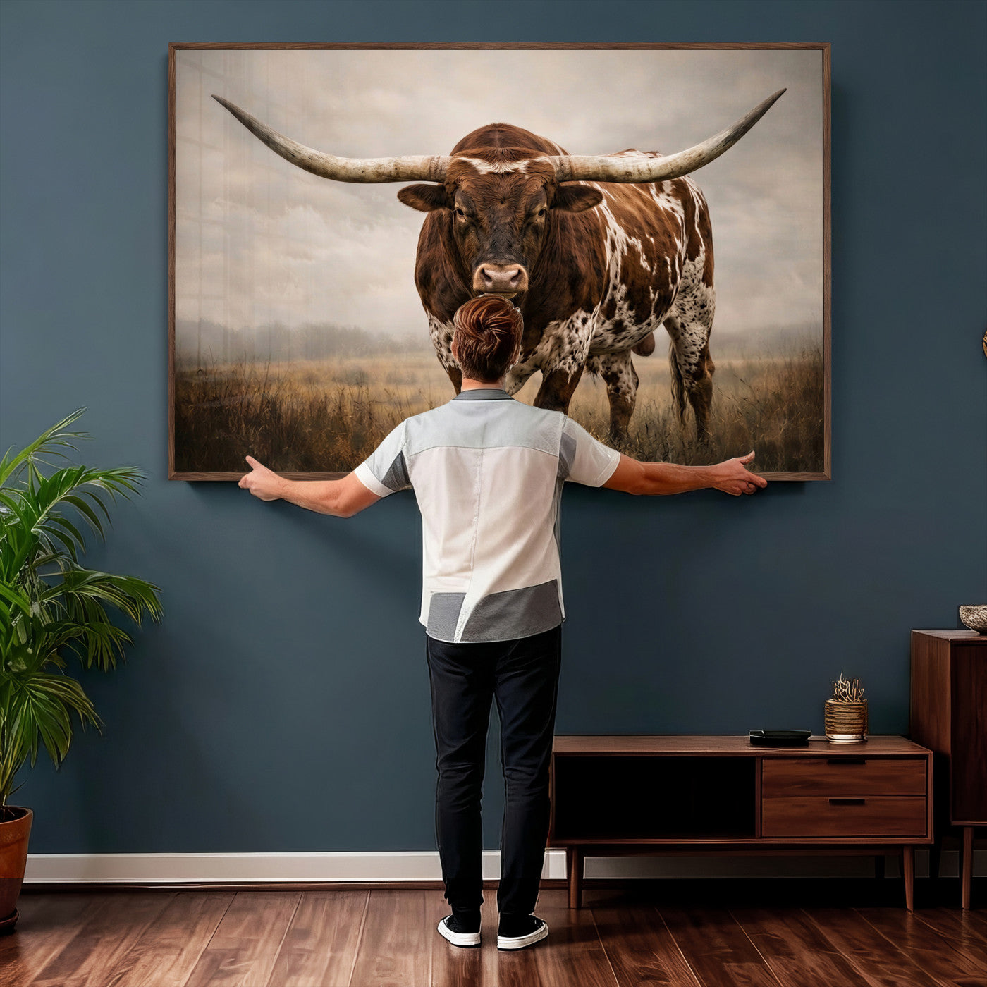 25239047-MGV-CV-36X24 - Texas Longhorn Canvas Wall Art Western Bull Desert Moody Grey Overcast Rustic Farmhouse Framed Large for Living Room Bedroom Office Decor