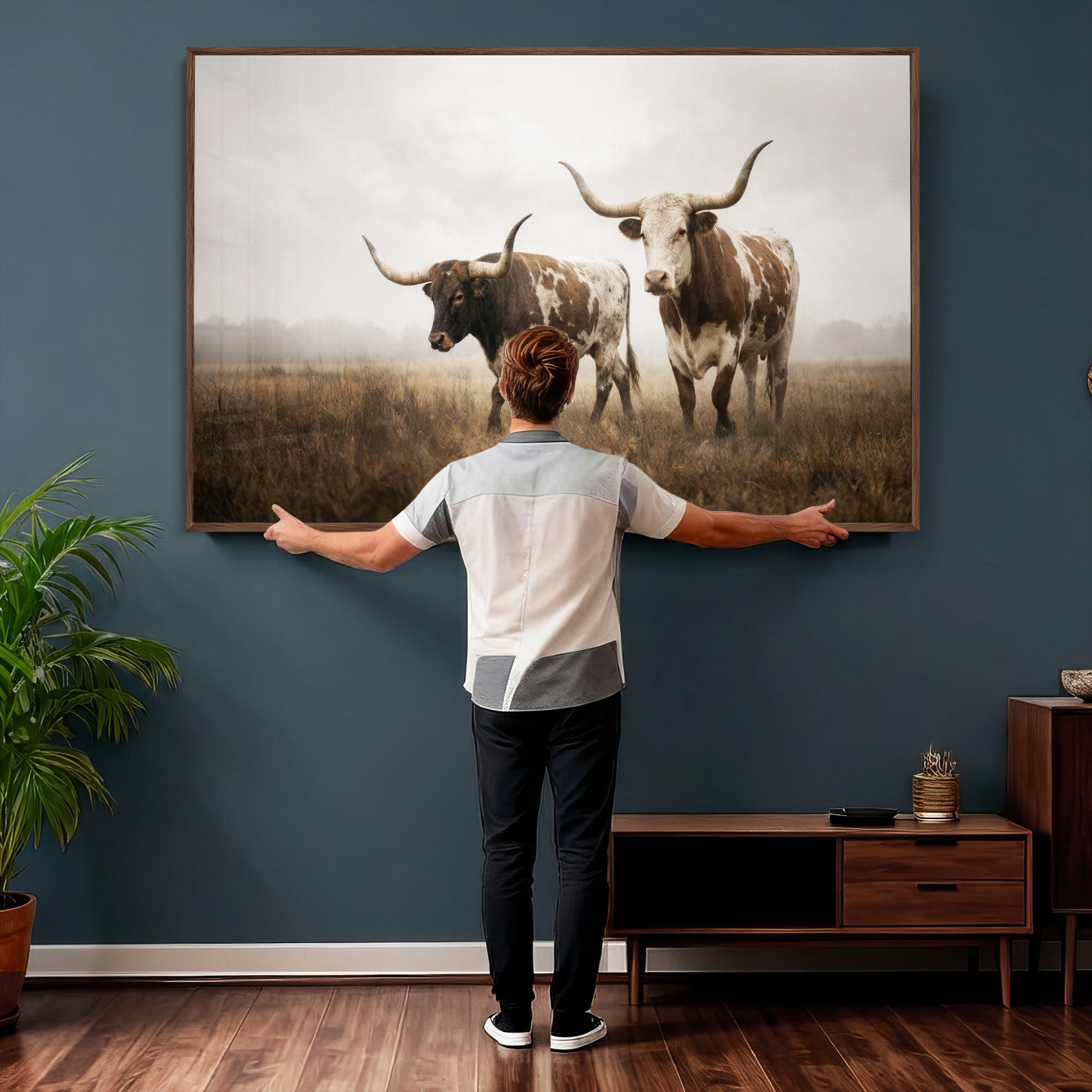 92881702-MGV-CV-36X24 - Texas Longhorn Canvas Wall Art Western Bull Desert Moody Grey Overcast Rustic Farmhouse Framed Large for Living Room Bedroom Office Decor