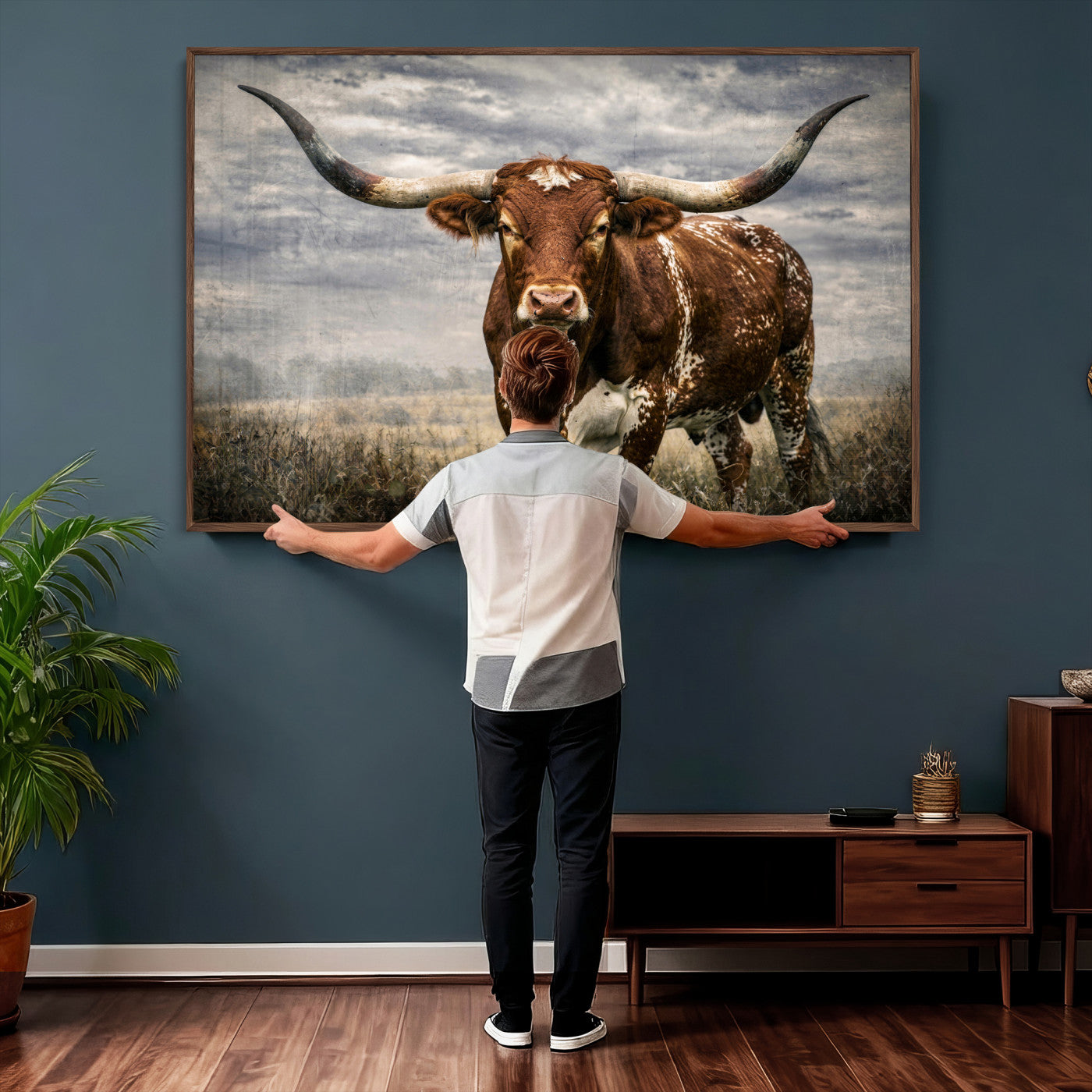 14372769-MGV-CV-36X24 - Texas Longhorn Canvas Wall Art Western Bull Desert Moody Grey Overcast Rustic Farmhouse Framed Large for Living Room Bedroom Office Decor