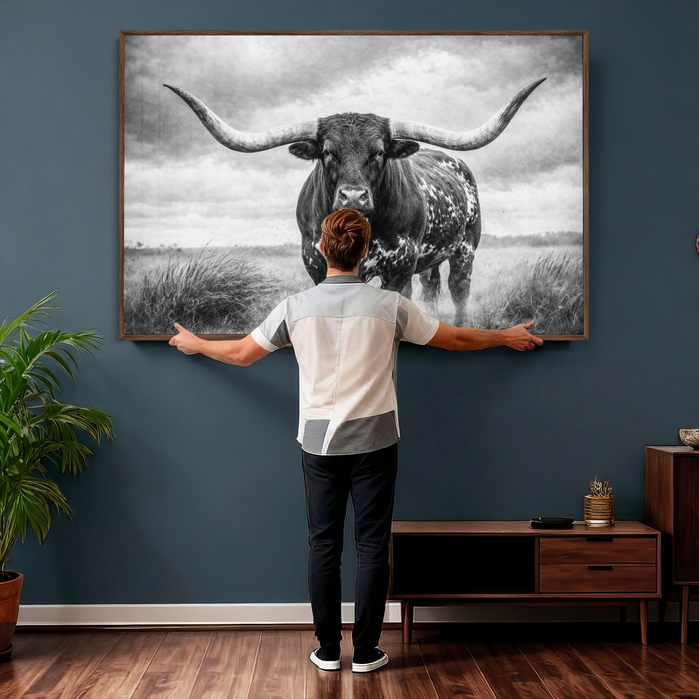 19951238-MGV-CV-36X24 - Texas Longhorn Canvas Wall Art Western Bull Desert Moody Grey Overcast Rustic Farmhouse Framed Large for Living Room Bedroom Office Decor