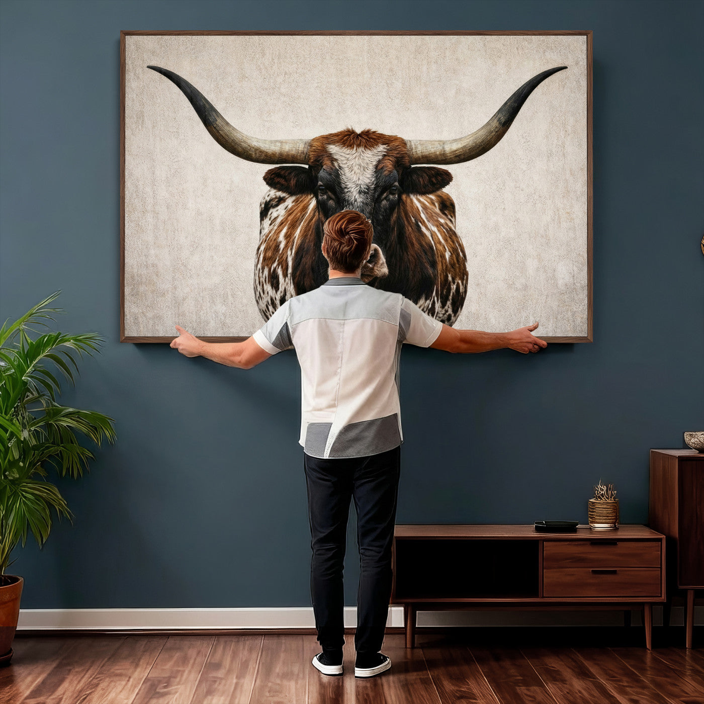 58622065-MGV-CV-36X24 - Texas Longhorn Canvas Wall Art Western Bull Desert Moody Grey Overcast Rustic Farmhouse Framed Large for Living Room Bedroom Office Decor