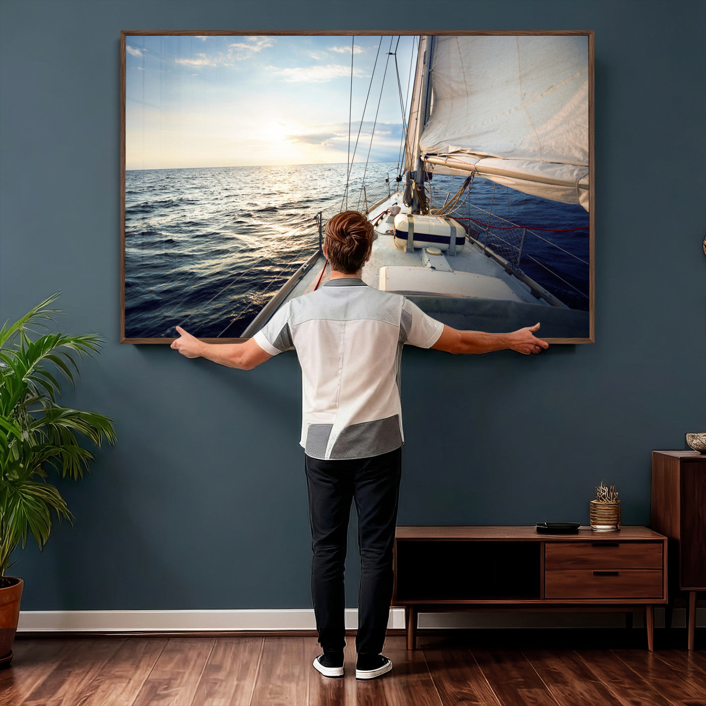 76381335-MGV-CV-36X24 - Sailboat Wall Art Canvas Print, Ocean Sunset Sailing Framed Artwork, Coastal Nautical Seascape Decor for Living Room Office Beach House