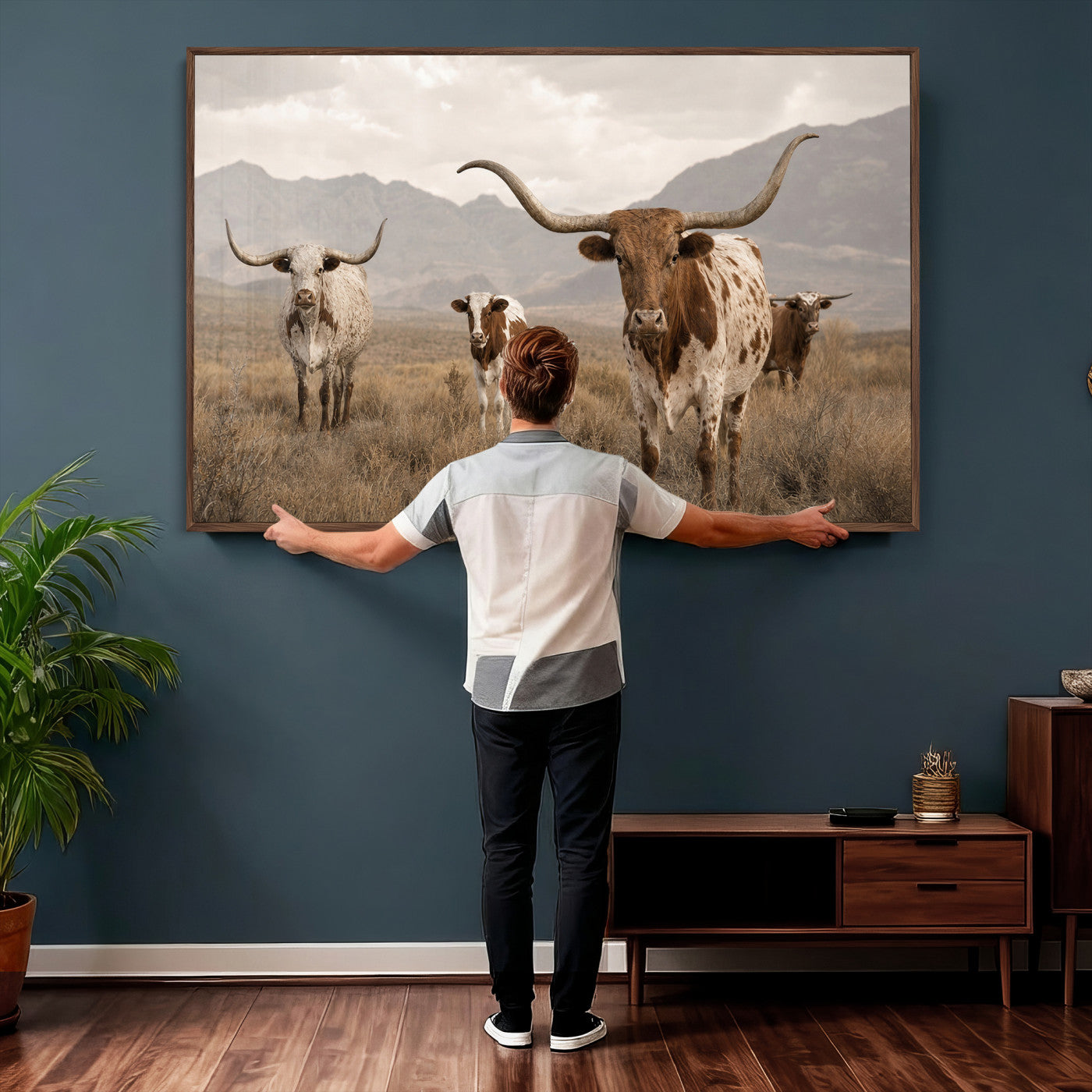 62336425AD-MGV-CV-36X24 - Rustic Texas Longhorn Cow Canvas Wall Art Print, Rustic Farm Animal Photography Print, Farmhouse Country Decor, Western Ranch Art