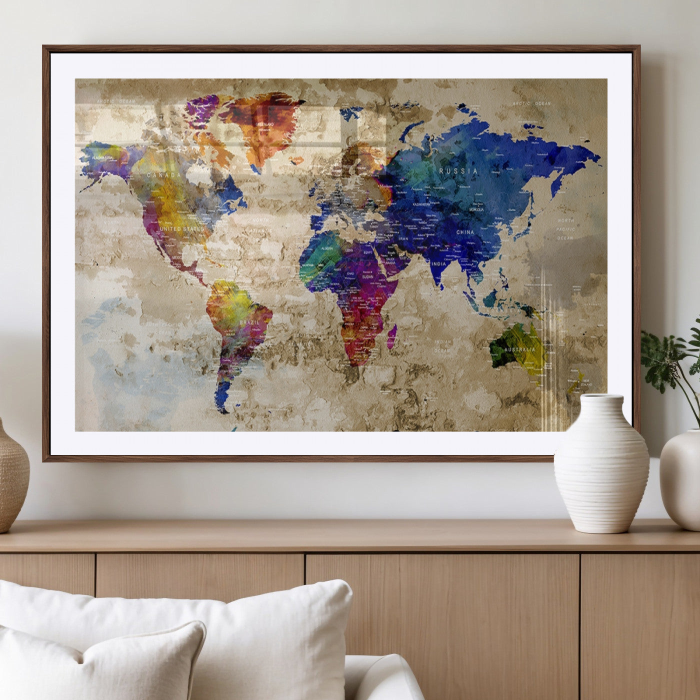 92939-MGV-CV-36X24-Colorful World Map Canvas Wall Art – Abstract Watercolor Map Print, Modern Travel Decor for Home Office or Study