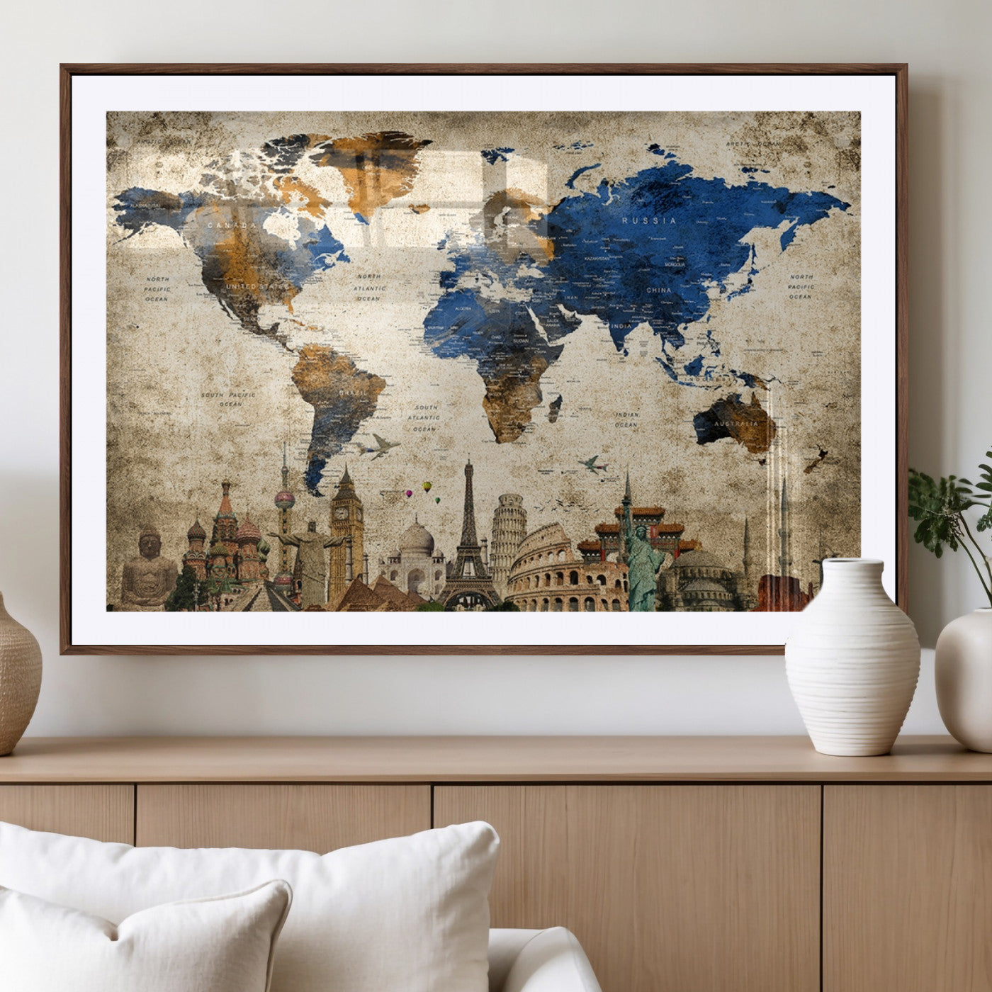 20261-MGV-CV-36X24-World Map Canvas Print – Vintage Blue and Gold World Map Wall Art, Framed Travel Inspired Decor for Living Room or Office