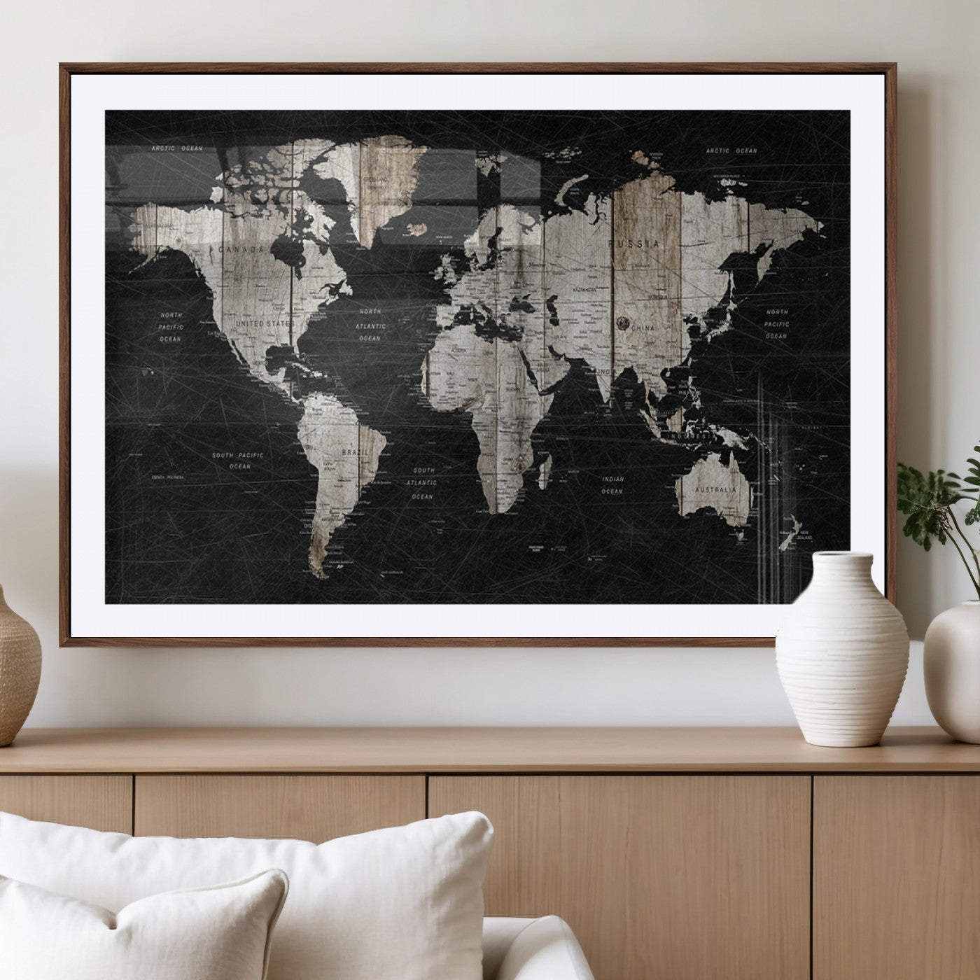 89998-MGV-CV-36X24-Rustic Black and Wood World Map Canvas Wall Art – Framed Push Pin Travel Map for Home and Office Decor, Modern Vintage Wall Artwork