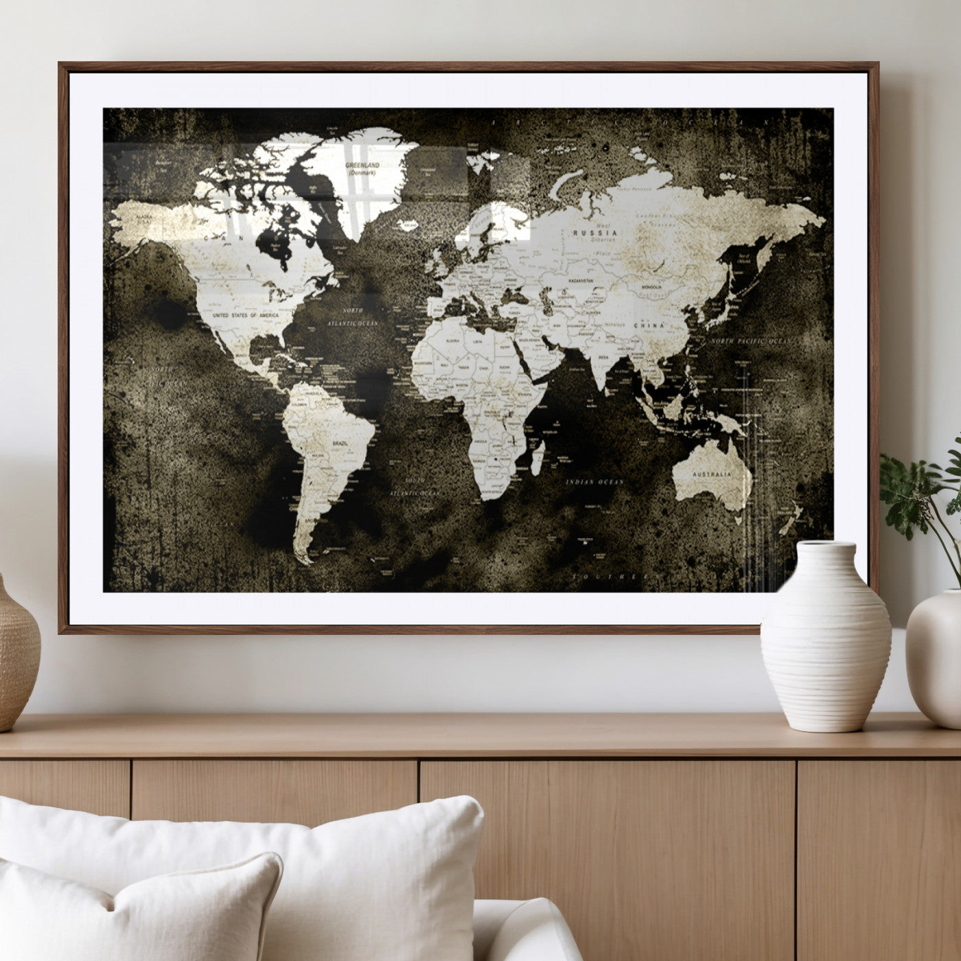 66737-MGV-CV-36X24-Vintage World Map Canvas Wall Art – Framed Push Pin Travel Map for Home and Office Decor, Rustic Wall Artwork for Travelers