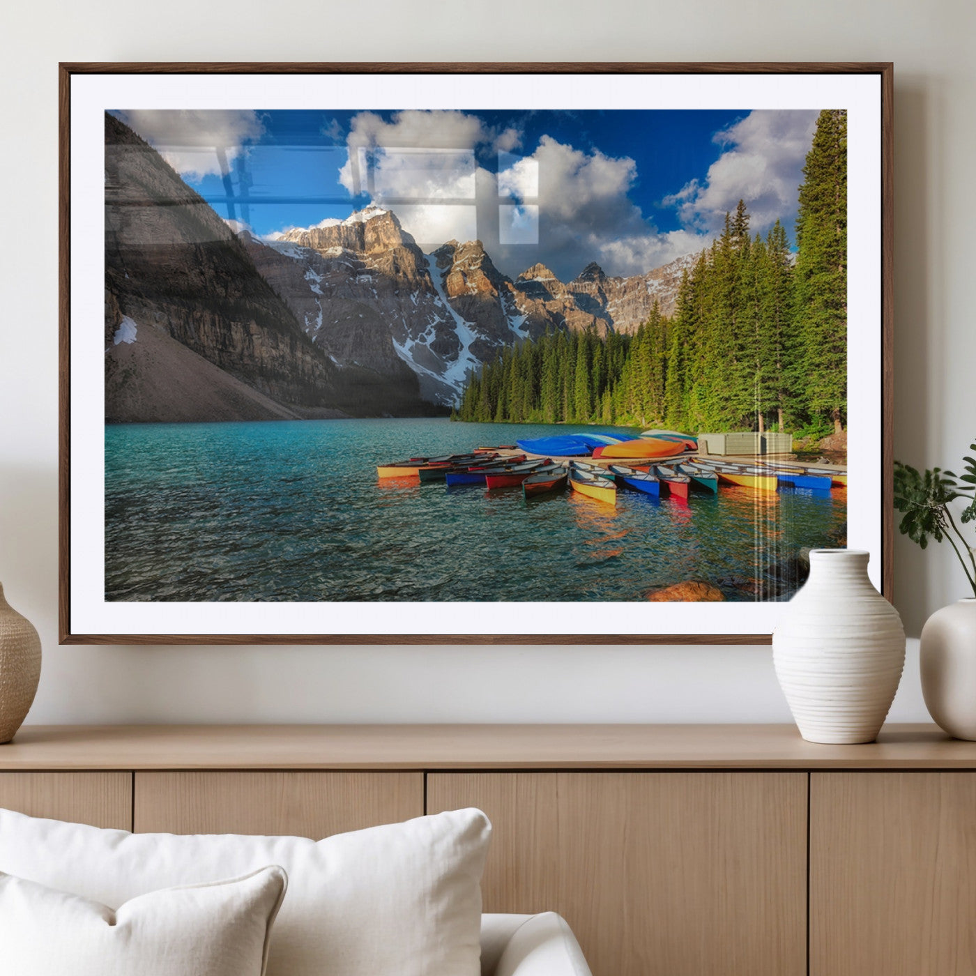 -Moraine Lake 3-Panel Wall Art, Majestic Mountain and Lake Landscape Canvas Print Canoes on Moraine