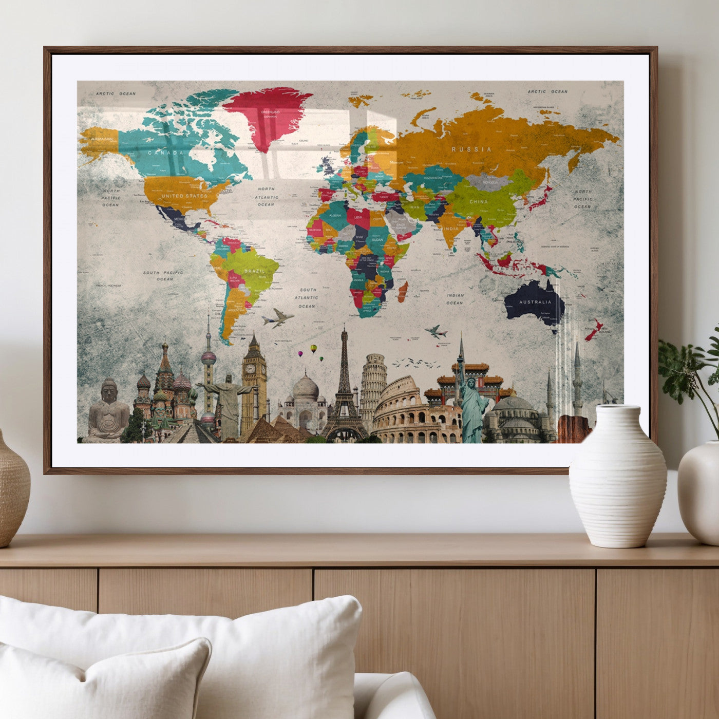 98056-MGV-CV-36X24-Colorful World Map Canvas Wall Art with Landmarks – Framed Travel Map Print for Home and Office Decor, Perfect Gift for Travel Lovers