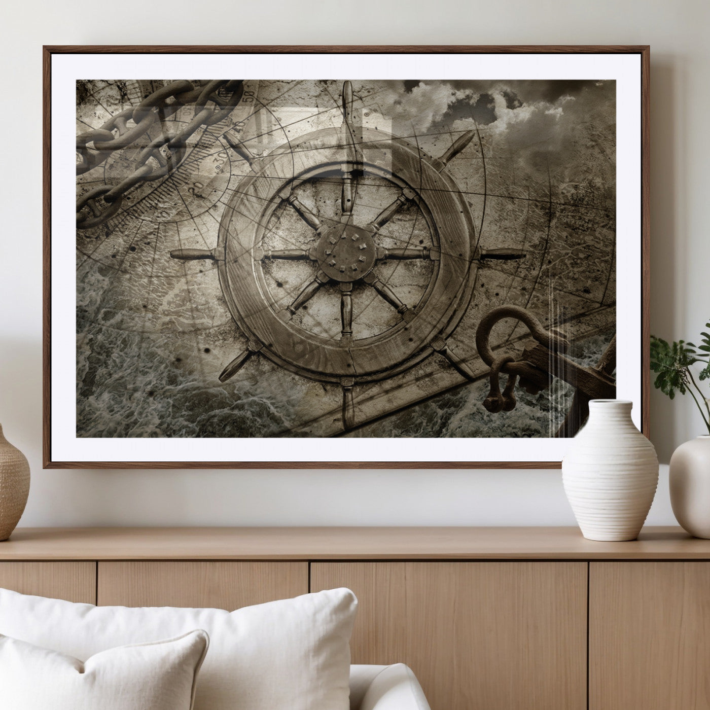 -Wooden Ship Wheel Canvas Print, Multi Panel Canvas Wall Art Print