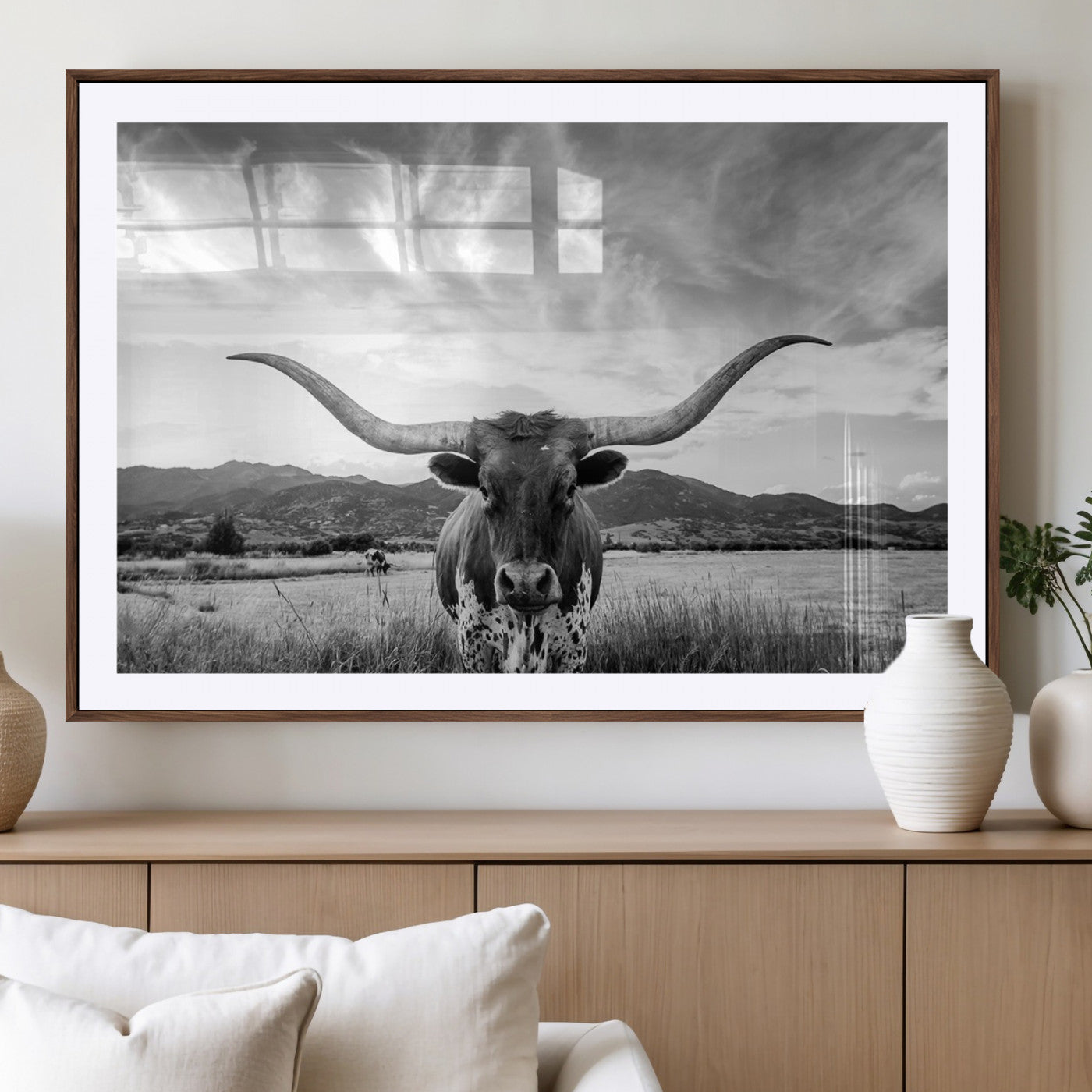 79527-MGV-CV-36X24-Longhorn Black and White Wall Art – Rustic Western Bull Canvas Print, Farmhouse Country Decor for Living Room, Office or Ranch, Cowboy Wall Artwork