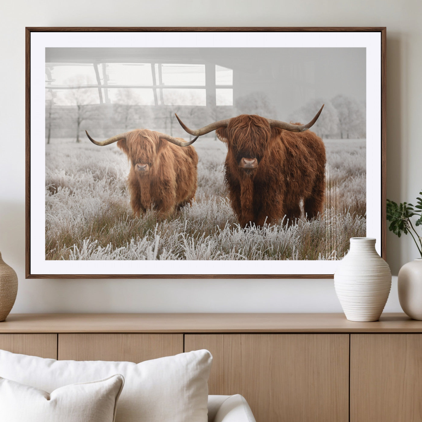 -Longhorn Cattle Wall Art Canvas Print, Framed Farmhouse Style Art Picture Print, Rustic Cow Perfect Rustic Farmhouse Decor Artwork