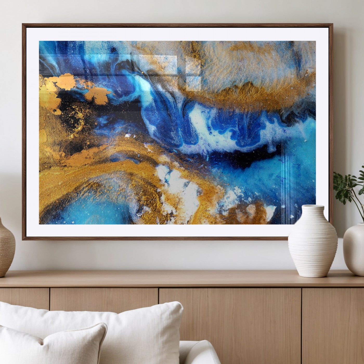 42100-MGV-CV-36X24-Blue Orange Marble Fluid Effect Canvas Wall Art Print