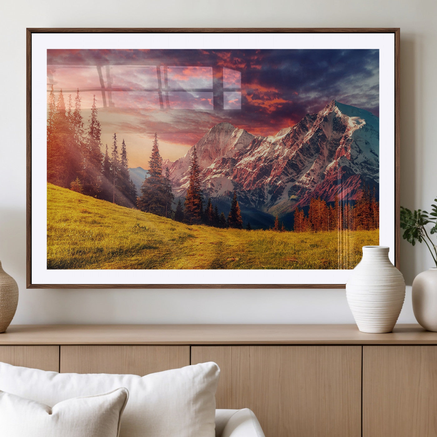 -Mountain and Daylight Red Sunset Wall Art Canvas Print