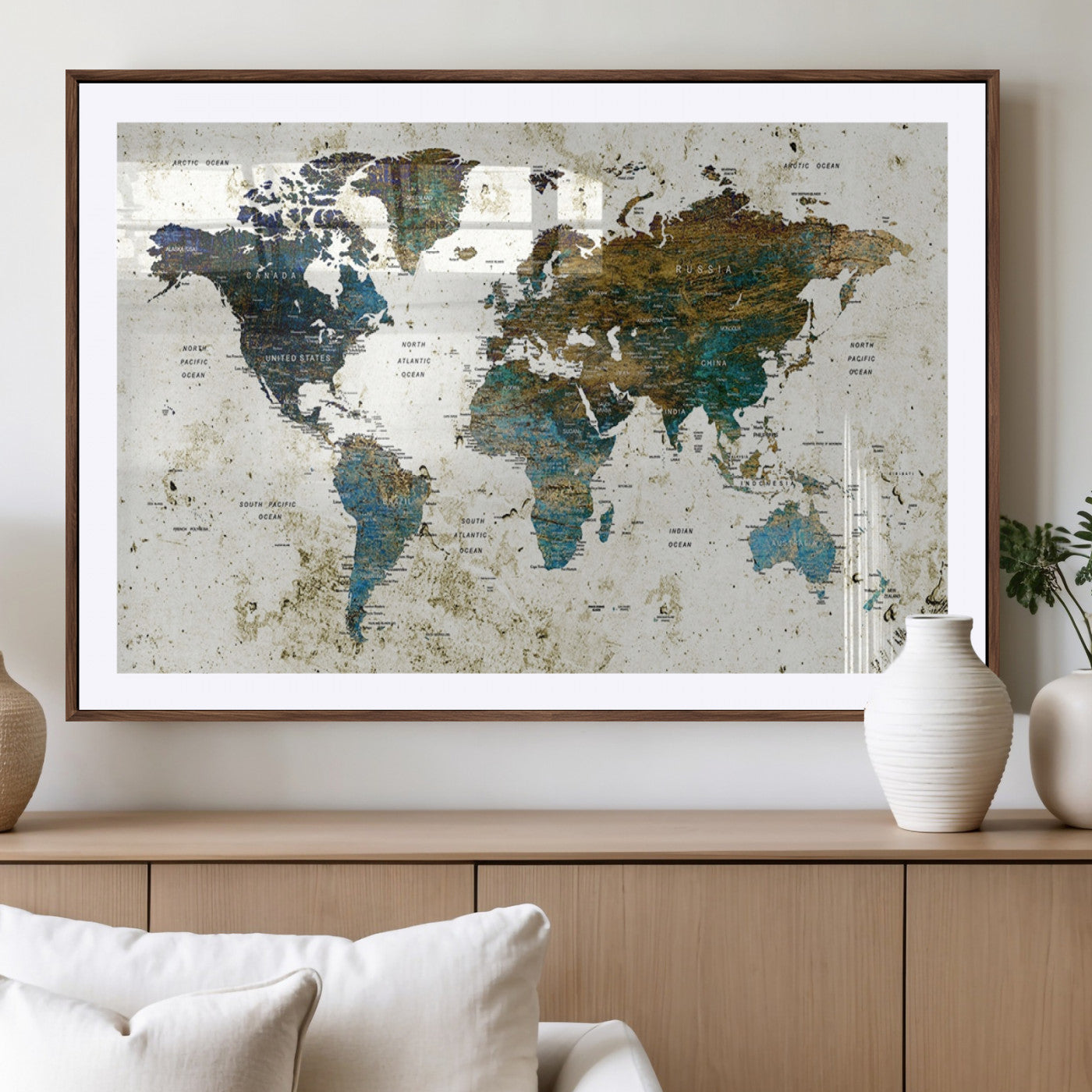 78067-MGV-CV-36X24-Vintage World Map Wall Art Canvas Print, Framed Rustic Earth Map Art Picture Print, Antique Map Perfect Rustic Vintage Decor Artwork