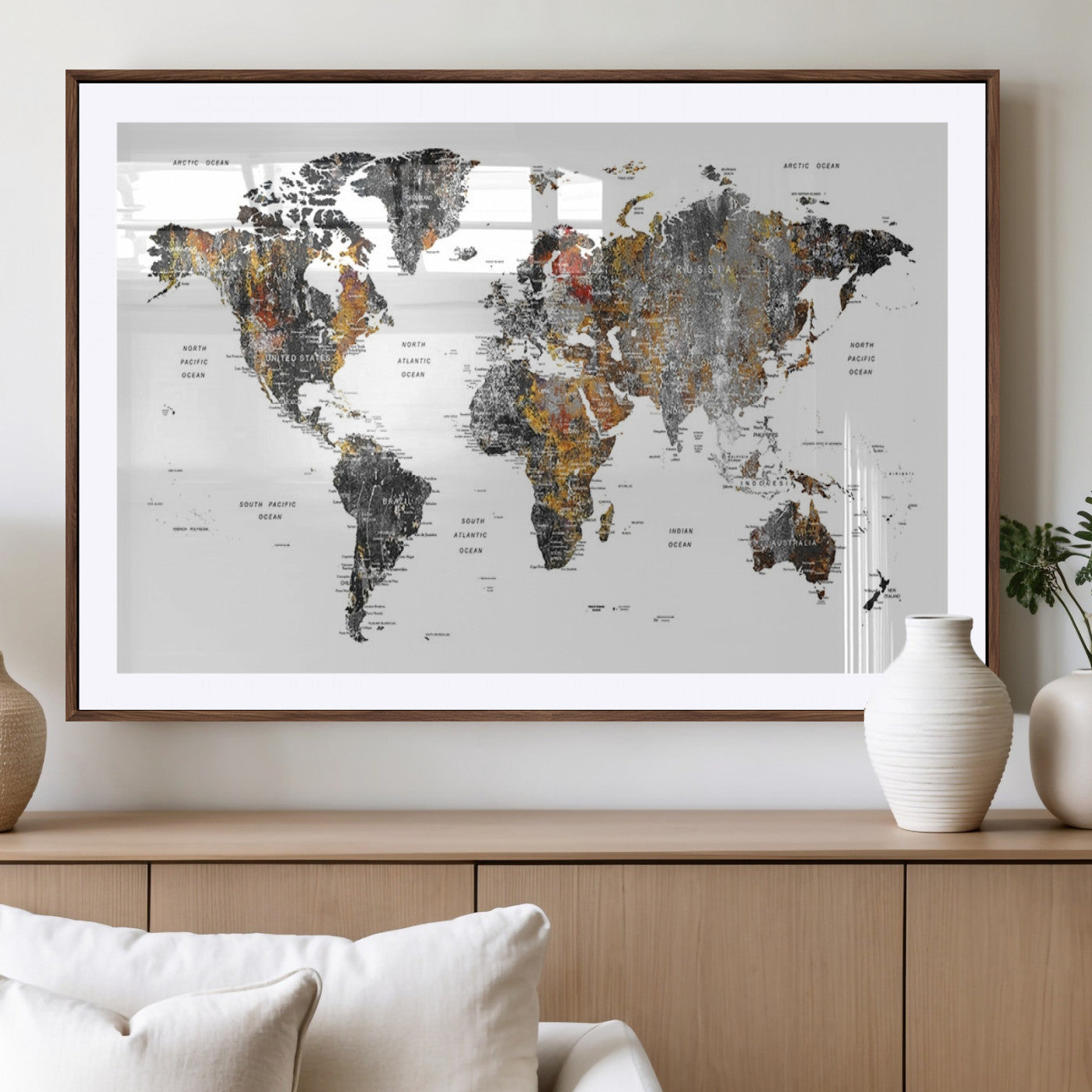 67481-MGV-CV-36X24-Modern Metallic World Map Canvas Wall Art – Framed Contemporary World Map Print, Stylish Travel Inspired Decor for Home and Office Walls