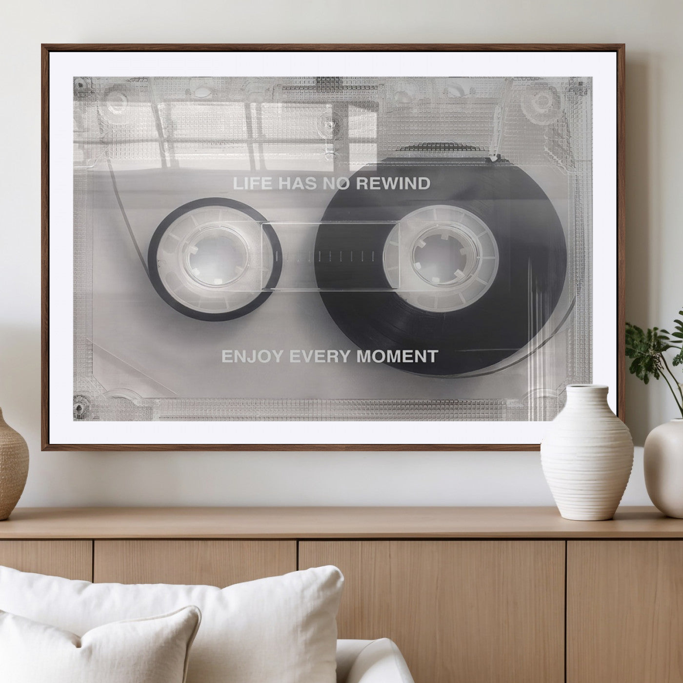 -Vintage Cassette Tape Canvas Wall Art - Inspirational 'Life Has No Rewind' Quote, Retro Music Decor