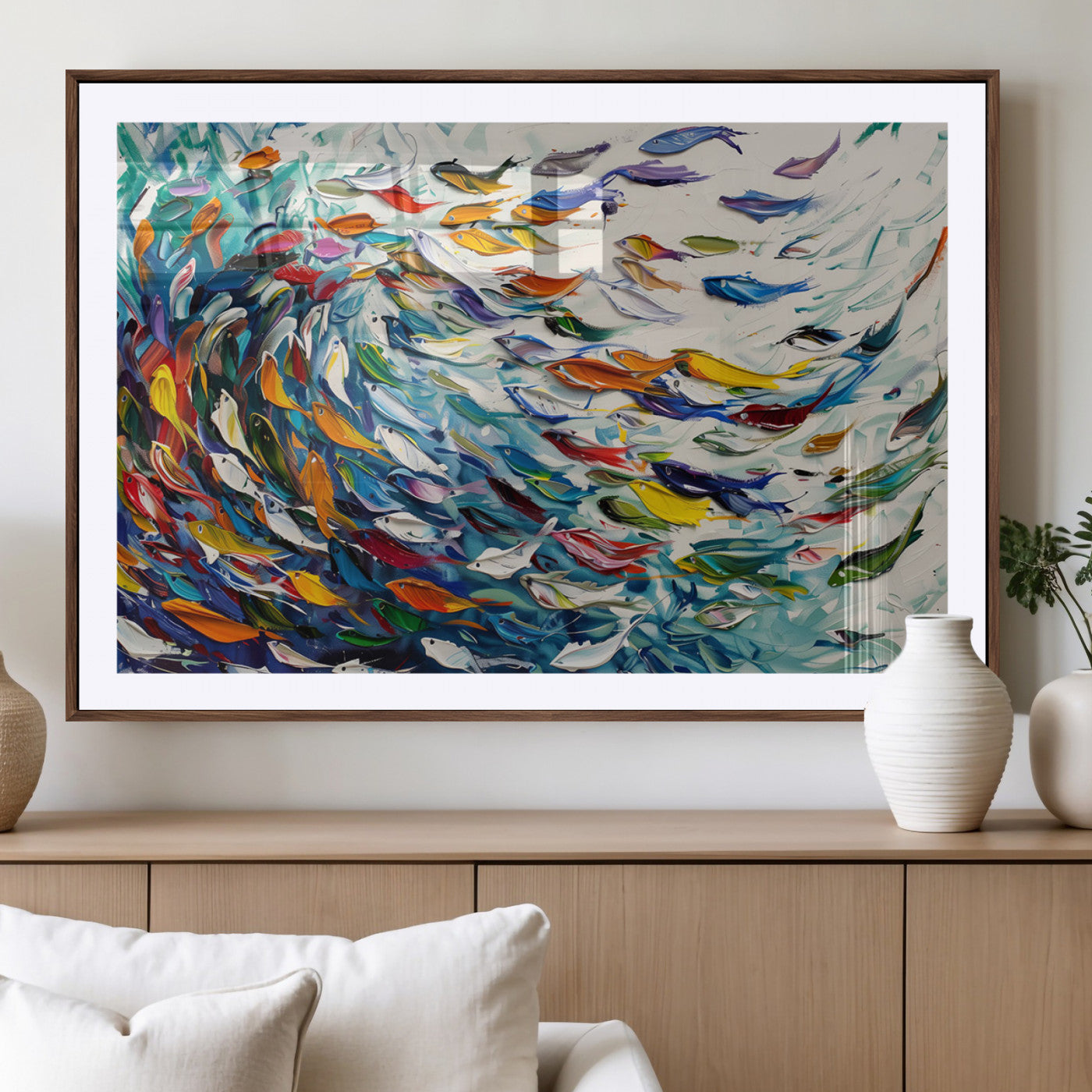80105-MGV-CV-36X24-Modern Abstract Fish Shoal Wall Art Canvas Print, Colorful Fish Herd Painting on Canvas Print, Ocean