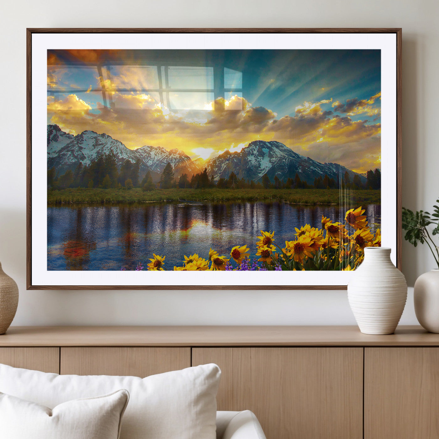 42292-MGV-CV-36X24-Mountain Sunrise Wall Art – Vibrant Landscape Canvas Print with Wildflowers and River Reflection, Nature Scenery Decor for Living Room or Bedroom