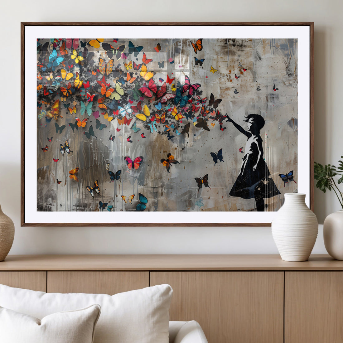 Banksy Wall Art, Banksy Girl and Butterfly Explosion Canvas Print | Extra Large 3 Piece Best Seller Wall Art