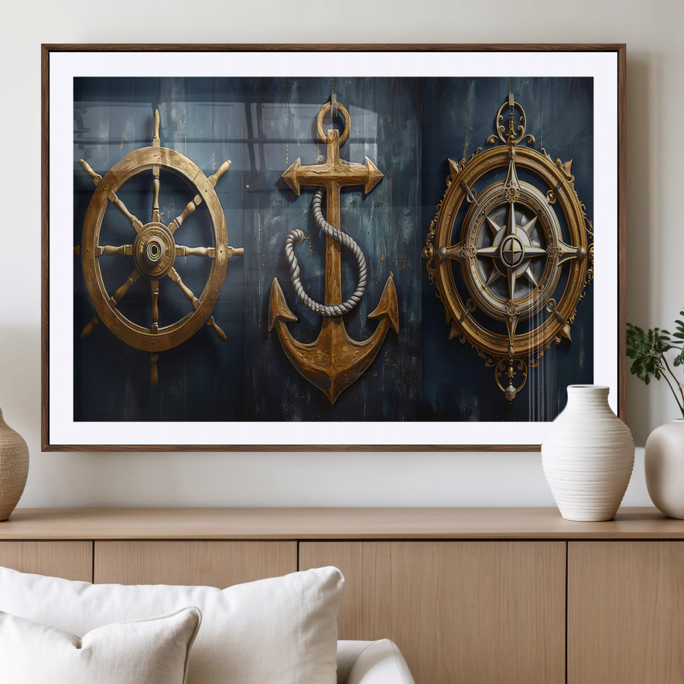 56214-MGV-CV-36X24-Boat Anchor Compass With Rope Wall Art Canvas Print | Beach House Wall Art
