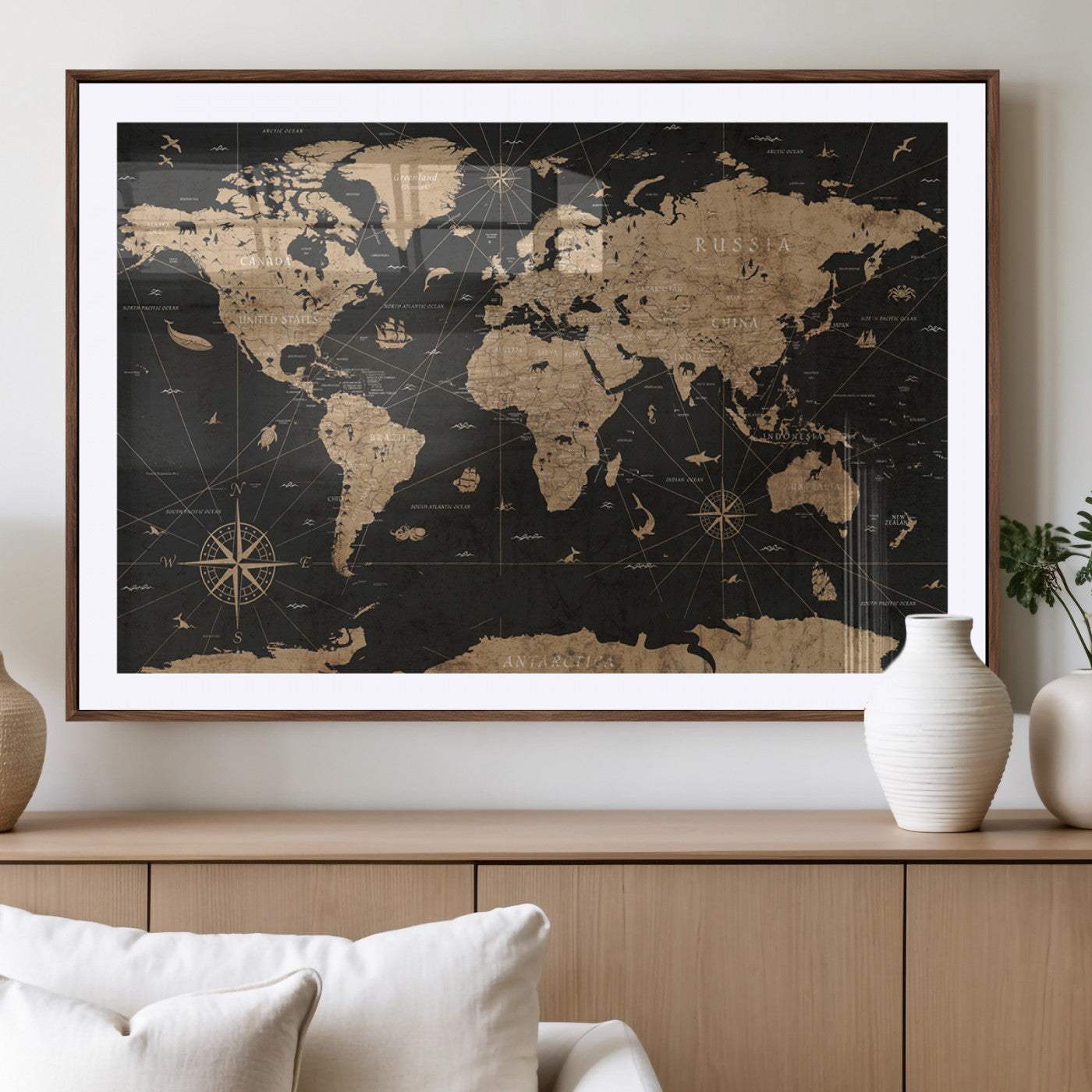 61023-MGV-CV-36X24-Vintage Push Pin World Map Canvas Print – Framed Travel Tracker Wall Art, Rustic Adventure Map Gift for Home or Office Decor