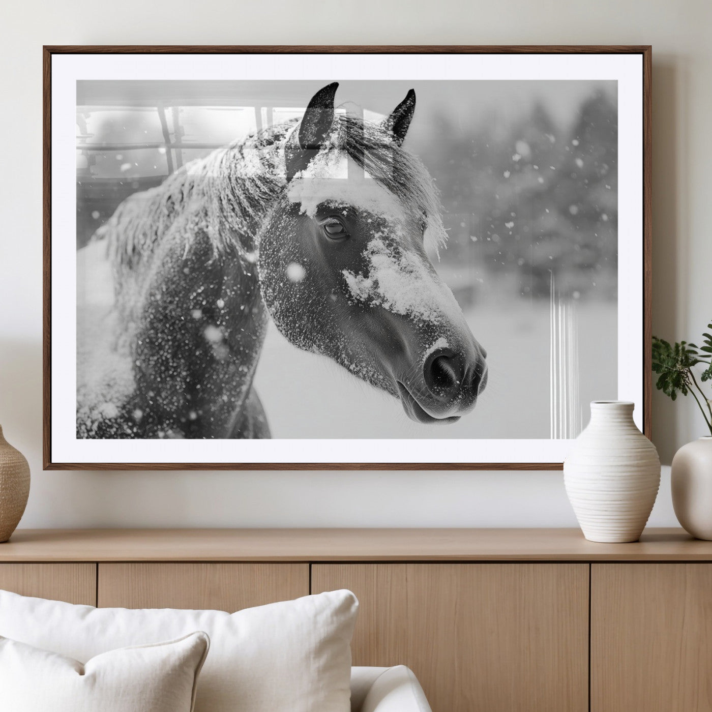 -Black Horse Winter Wall Art | Ready to Hang and Framed | Farmhouse and Western Wall Decor for Living