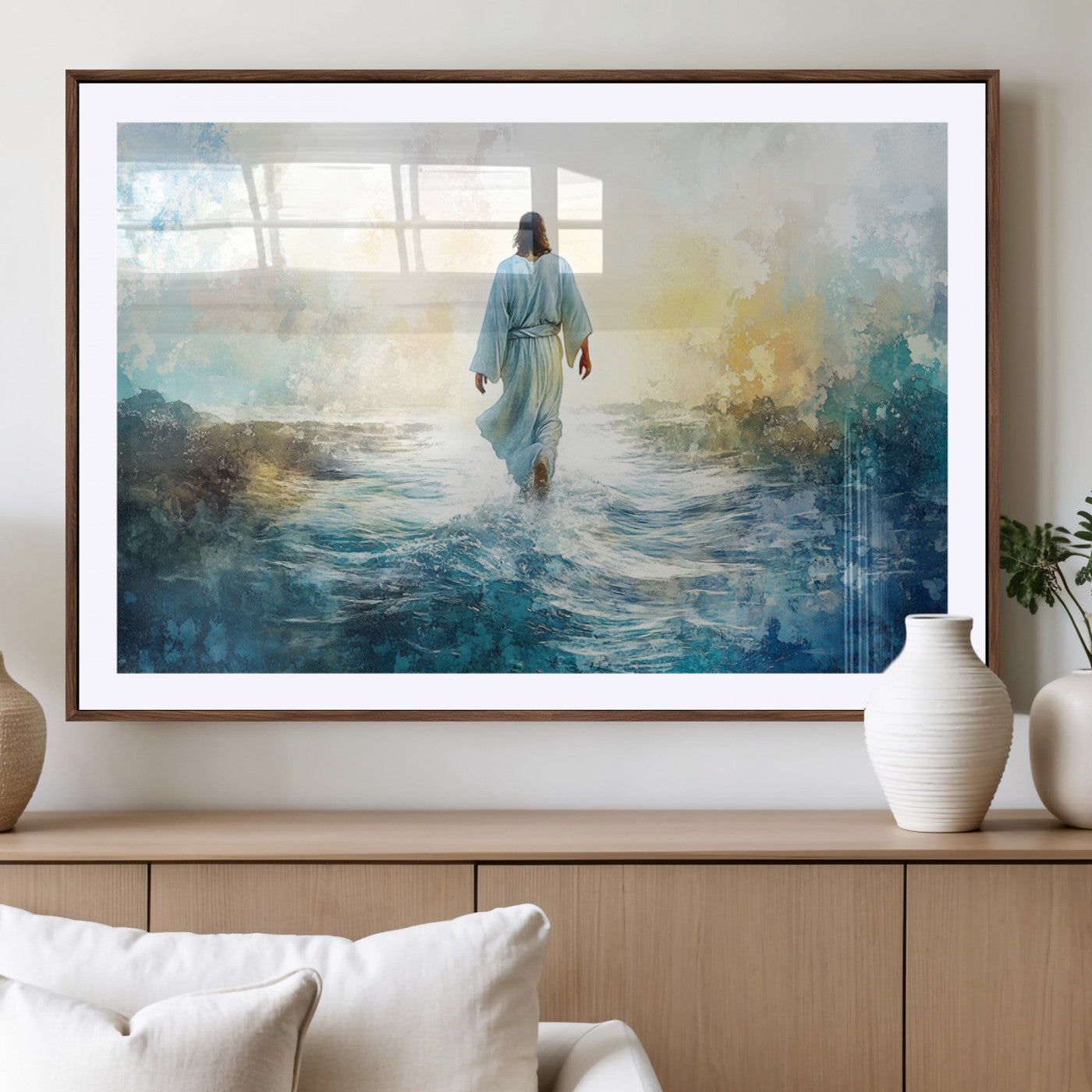 -Watercolor Jesus Walking on Water Canvas Print, Christian Wall Art, Jesus Christ Walking