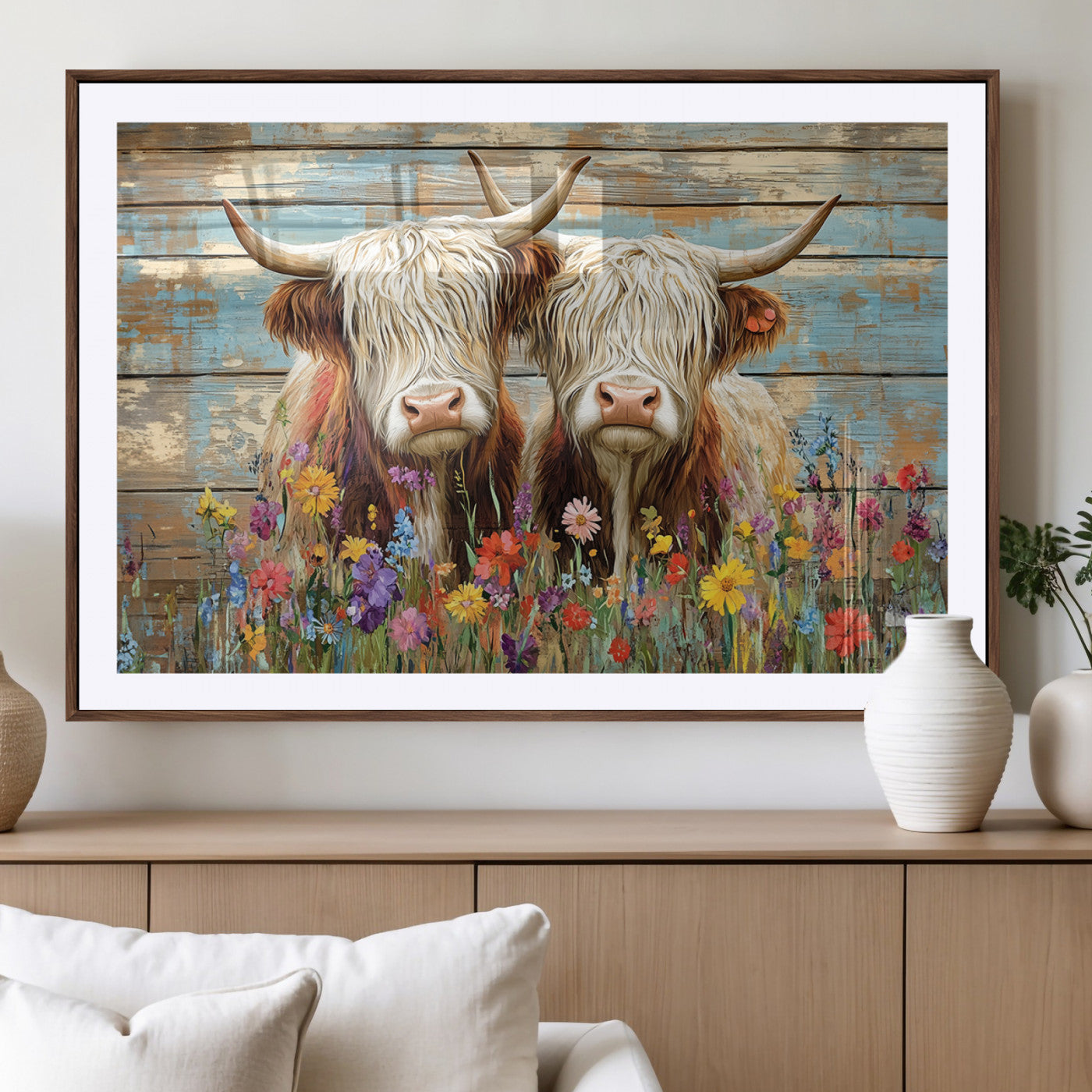-Cute Highland Cow Canvas Wall Art - Rustic Farmhouse Decor with Colorful Flowers Perfect Wall Art