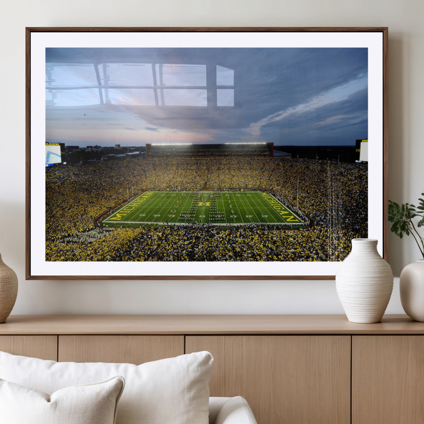 82641-MGC-FP-36x24 - Michigan Stadium Wall Art Canvas Print, Vibrant Game Day Crowd and Sunset Sky Football Field Artwork for Home, Office