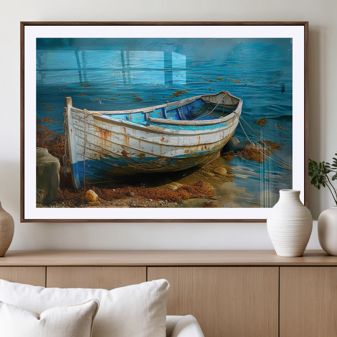 54716-MGV-CV-36X24-Vintage Boat on Tranquil Waters | Coastal Wall Art for Nautical Decor | Rustic Triptych Canvas Print