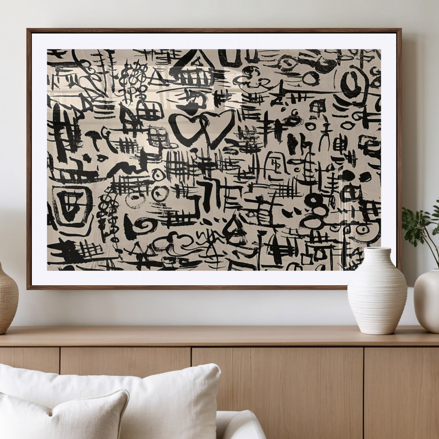 68273-MGC-FP-36x24 - Abstract Love and Chaos Canvas Print, Black Symbols on Beige