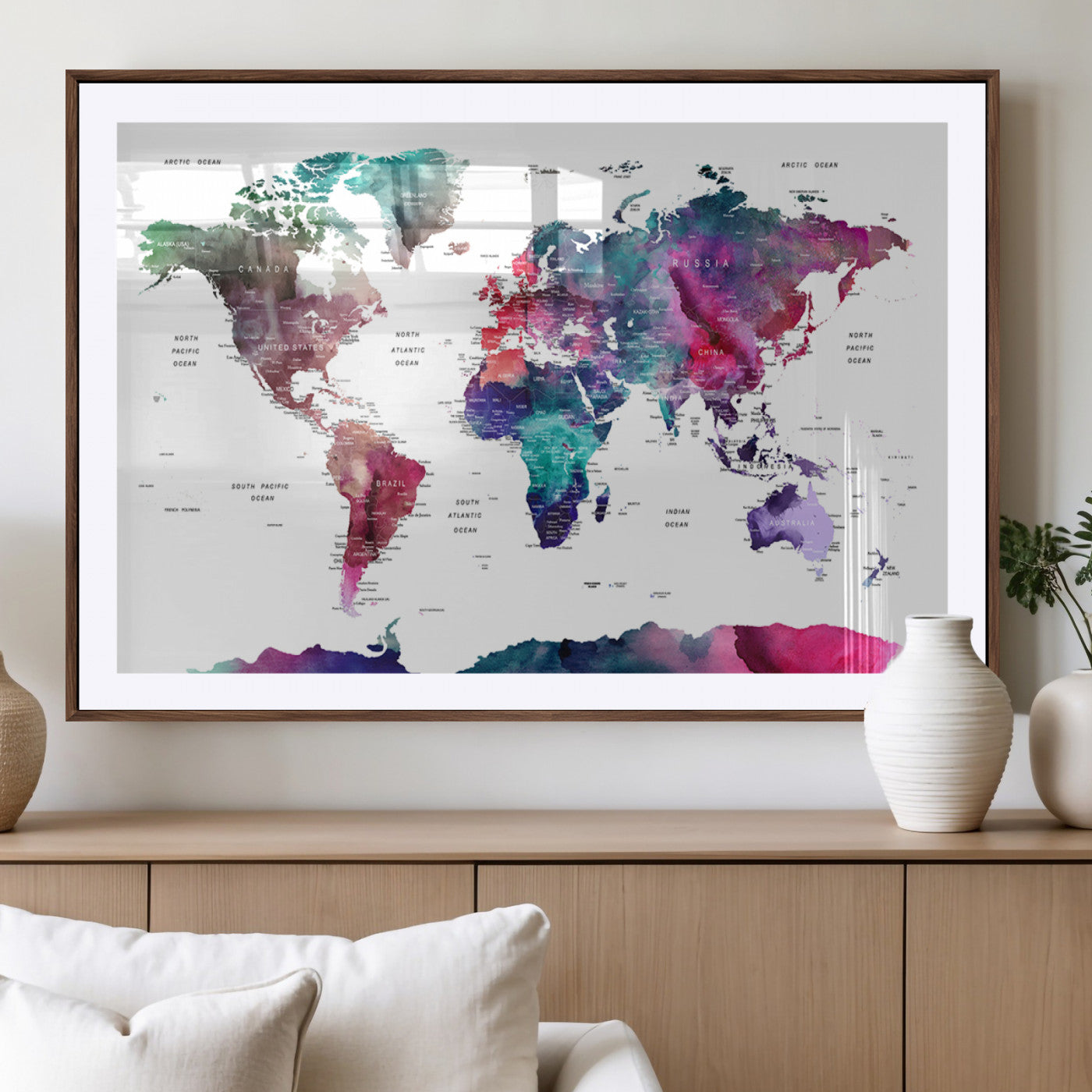 78176-MGV-CV-36X24-Colorful Watercolor World Map Canvas Wall Art – Framed Modern Map Print, Vibrant Travel Inspired Artwork for Home and Office Decor
