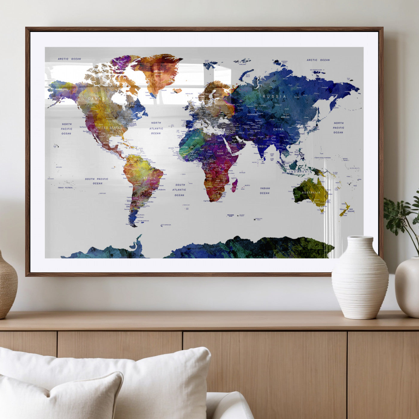 90446-MGV-CV-36X24-Colorful Watercolor World Map Canvas Wall Art – Framed Modern Push Pin Travel Map for Home and Office Decor