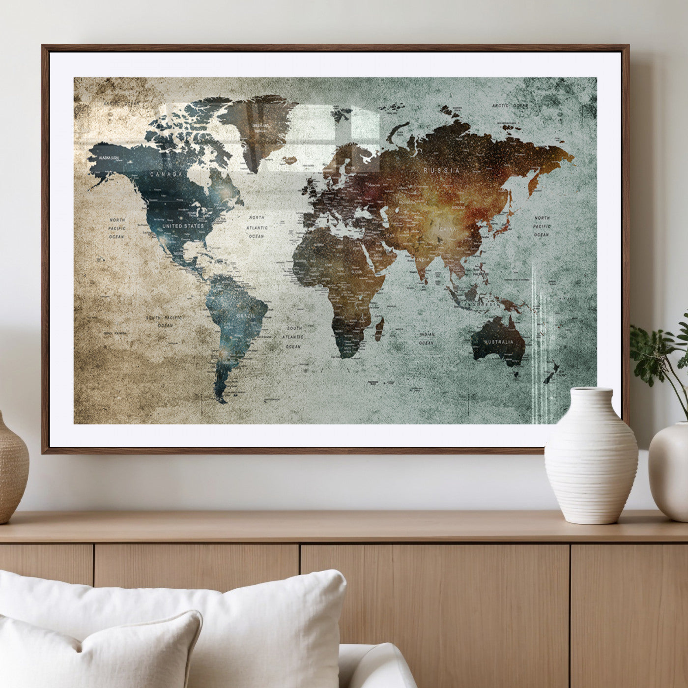 25140-MGV-CV-36X24-World Map Canvas Print – Framed Vintage Style Push Pin Wall Art, Elegant Travel Map Decor for Home or Office