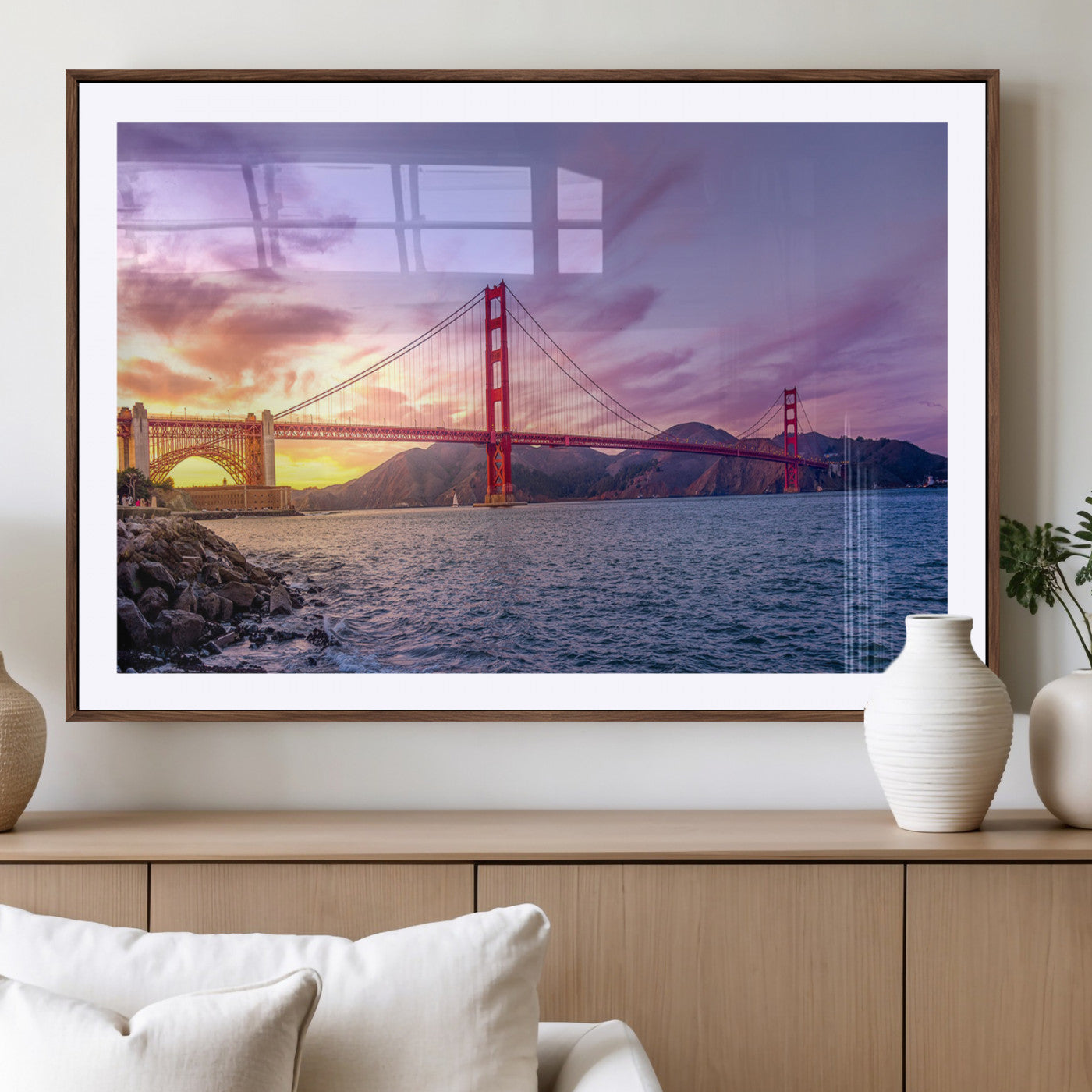 MGC-FP-36x24 - Golden Gate Bridge Wall Art Print, San Francisco Sunset Canvas Wall Art, Cityscape Canvas Print for