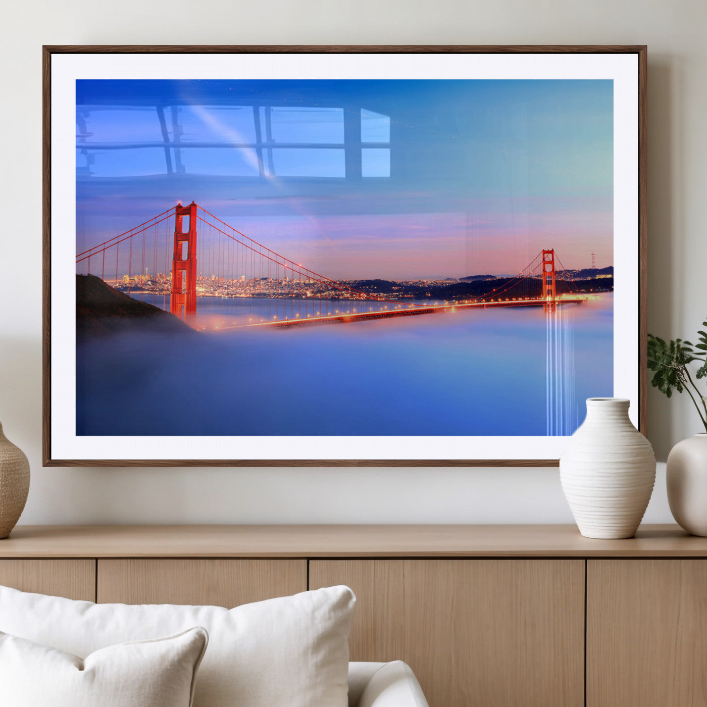 14572-MGV-CV-36X24-Large San Francisco Wall Art Canvas Print – Framed Golden Gate Bridge Scene with Fog Artwork for Home, Office