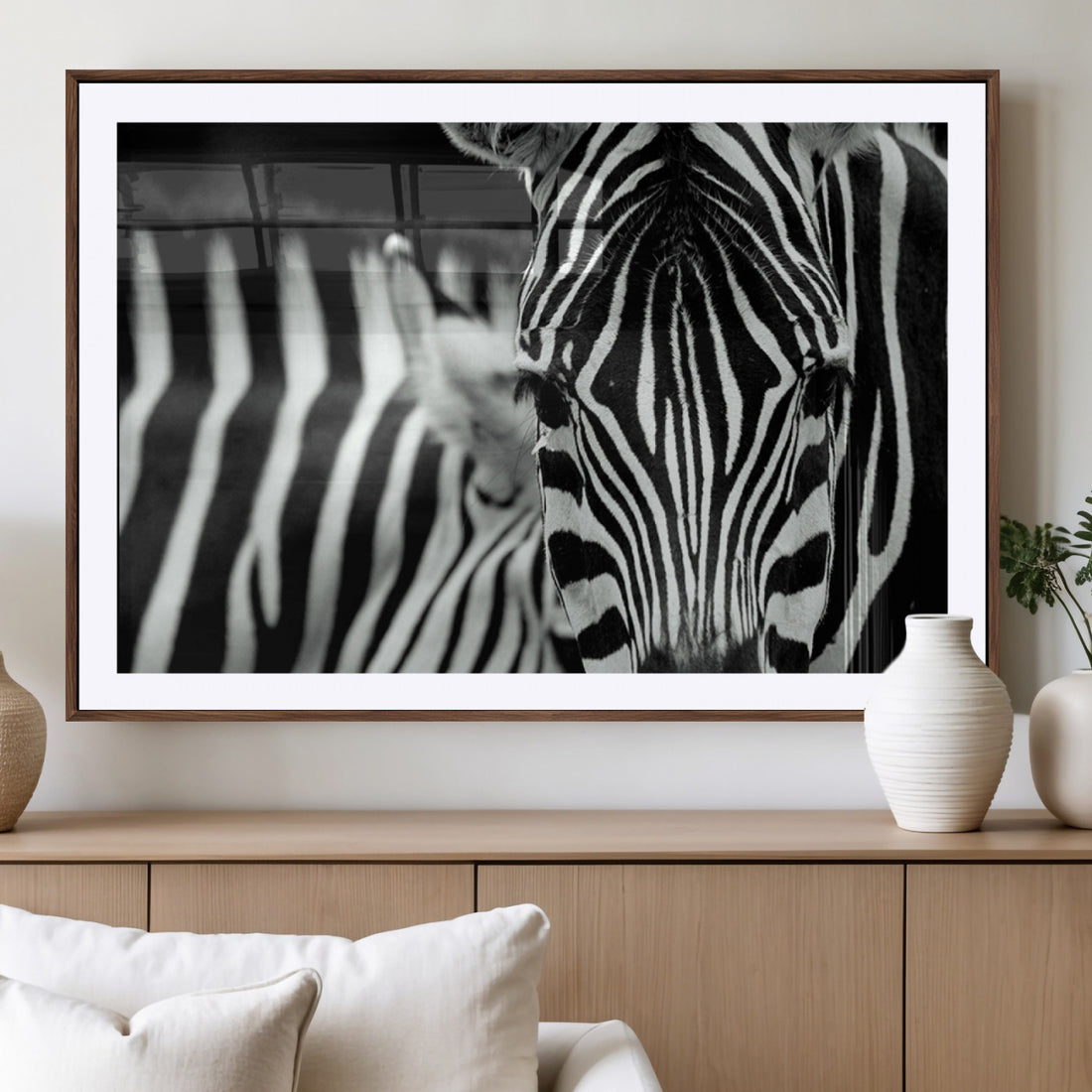 Zebra Wall Art | Zebra Close Up Canvas Print | Framed Black and White Wildlife