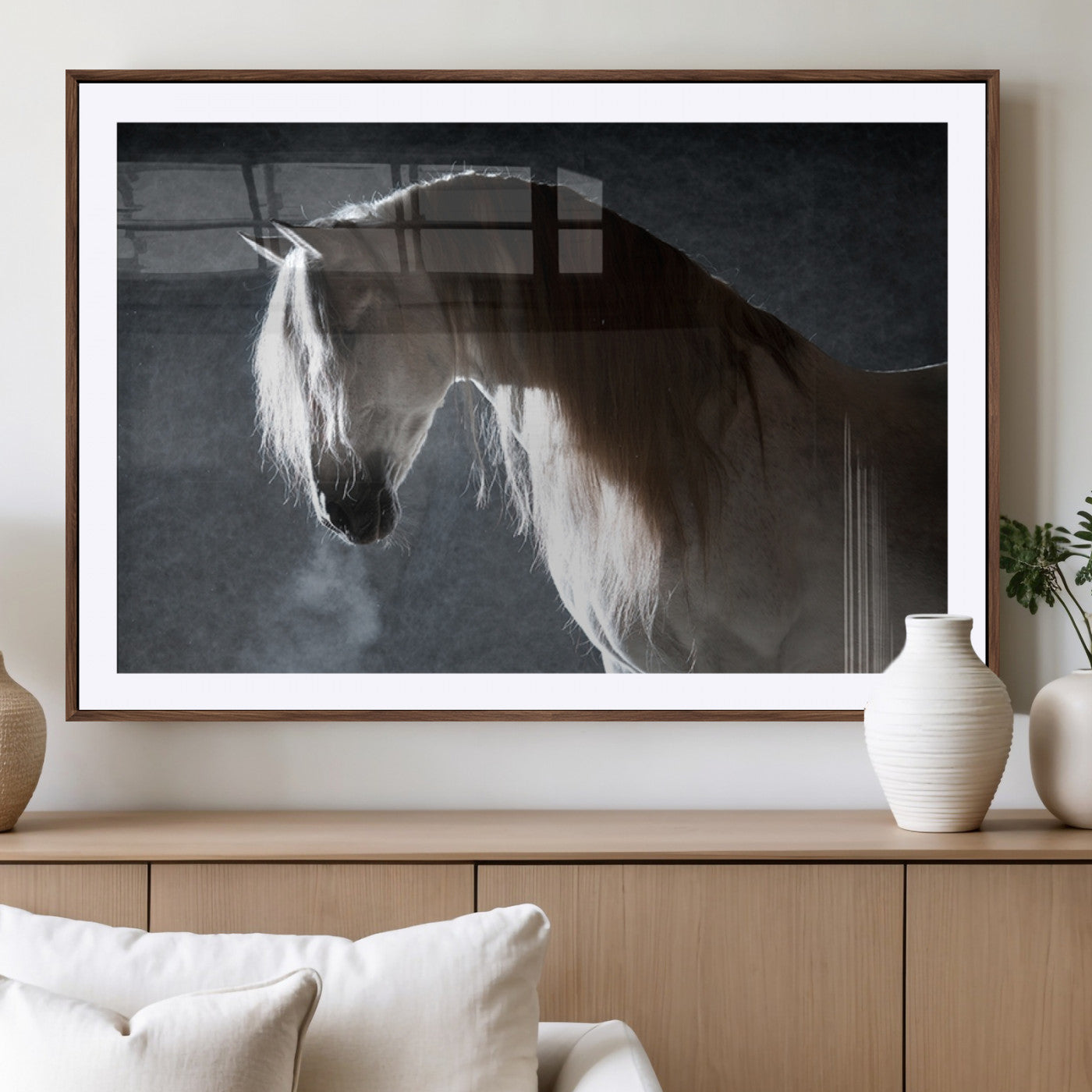 36020-MGV-CV-36X24-Large Wall Art Cream Colored Horse on Grey Background Canvas Print