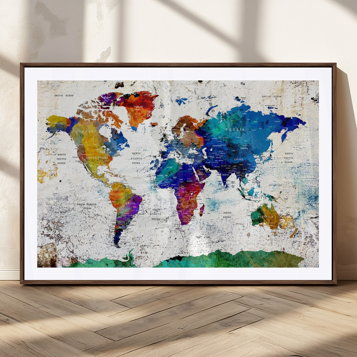 47974-MGC-FP-36x24_Walnut-Push Pin World Map Canvas Print – Travel Tracker Wall Art for Couples, Perfect Anniversary Gift for Home or Office Decor